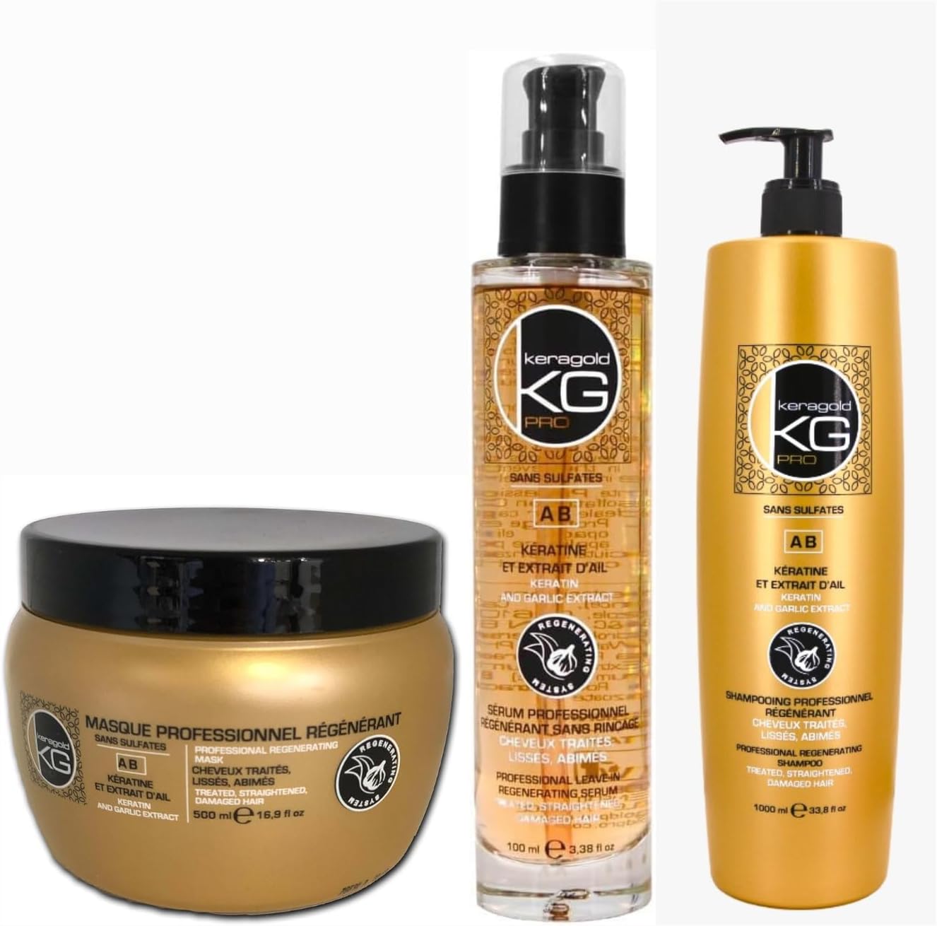 Keragold Pro – Coffret 3 soins capillaires – 1L/500ml/100ml – Kératine, ail, sans sulfates, fortifiant, réparateur, anti