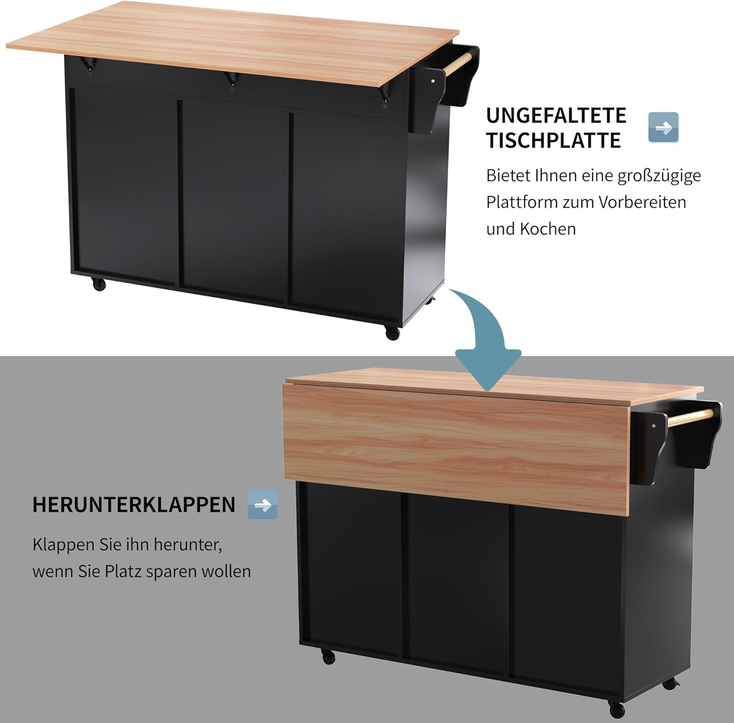 Desserte îlot cuisine - plan rabattable, rangements, roulettes - 129x71x91,5cm