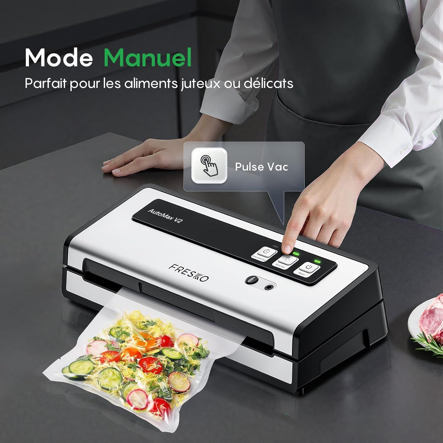 FRESKO - Machine sous vide série automatique - 140W - double thermoscellage, mode humide/sec, verrouillage automatique