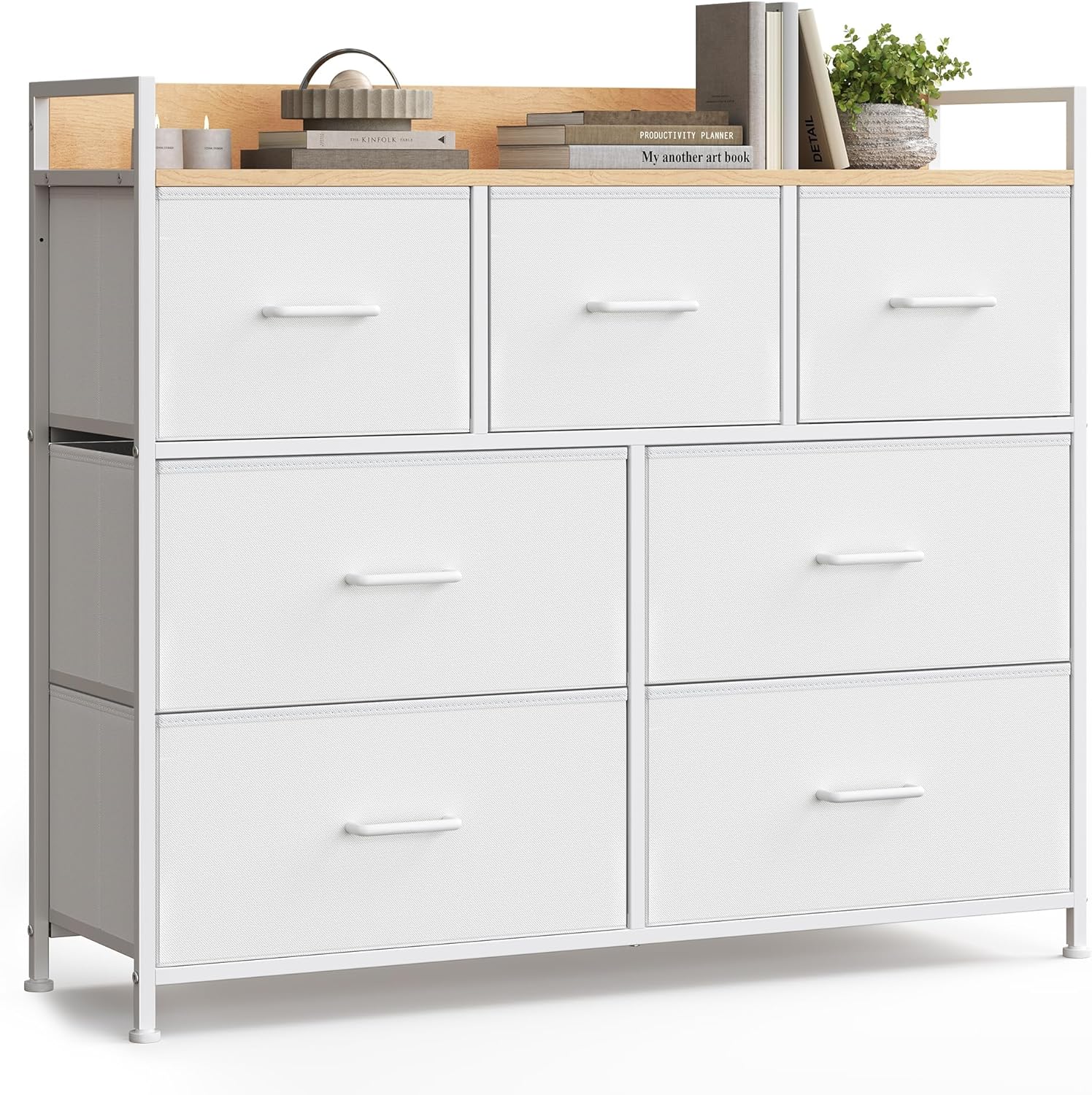 SONGMICS - commode 7 tiroirs tissu, métal, blanc/beige, style moderne, LTS523W57