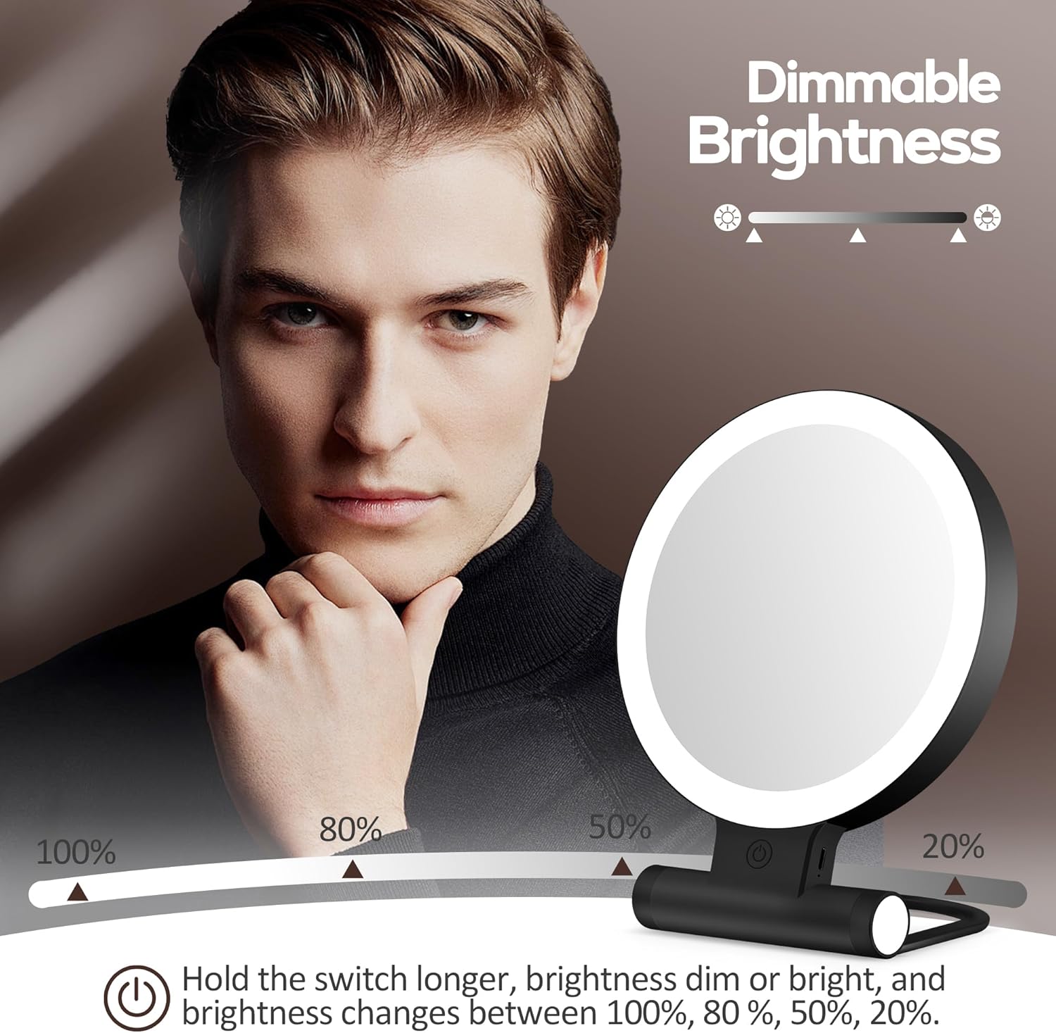 Miroir de maquillage - double face 1X/30X, 2000mAh, 3 lumières, compact