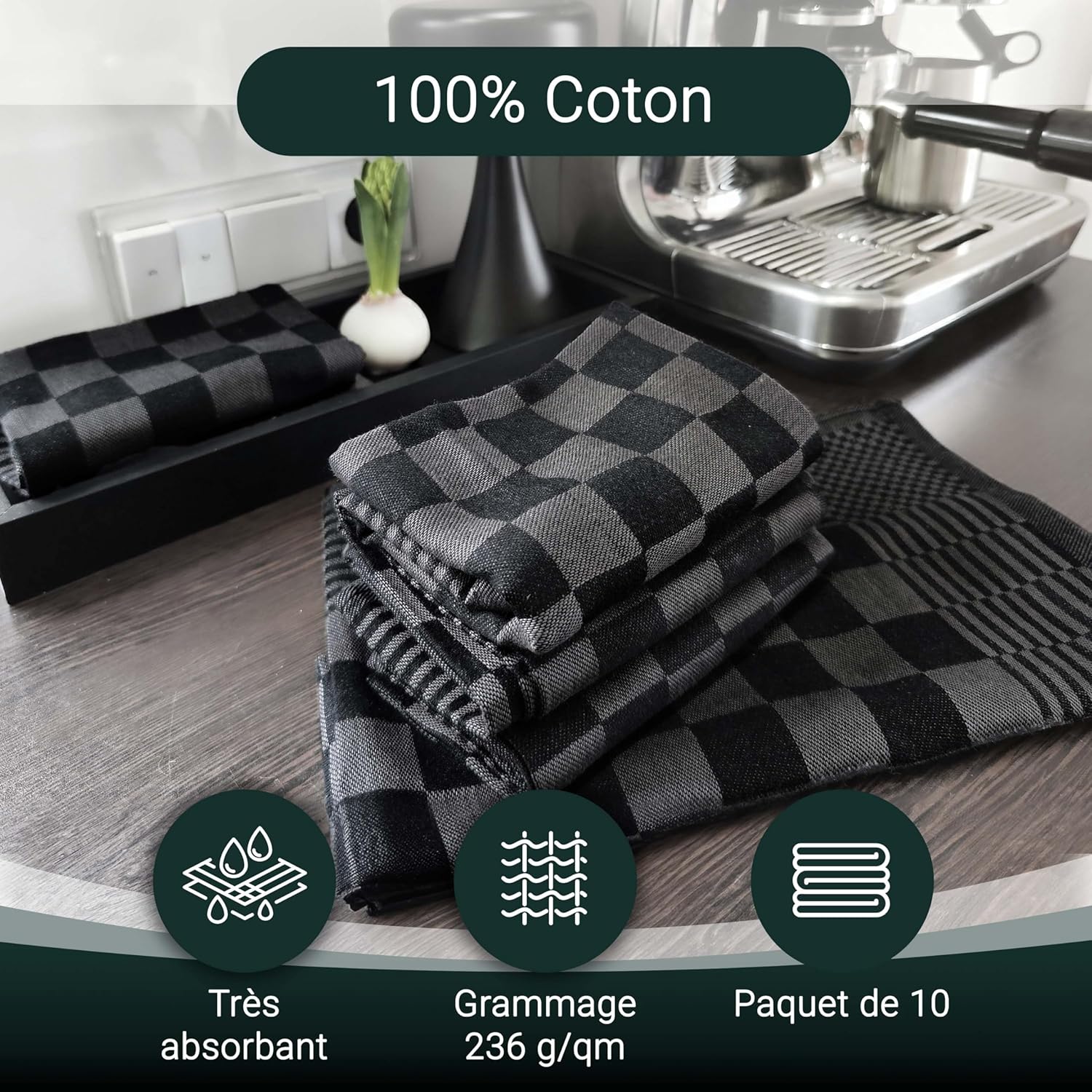 ZOLLNER - lot 6 torchons coton 65x65 cm, absorbants, lavables, Oeko-Tex