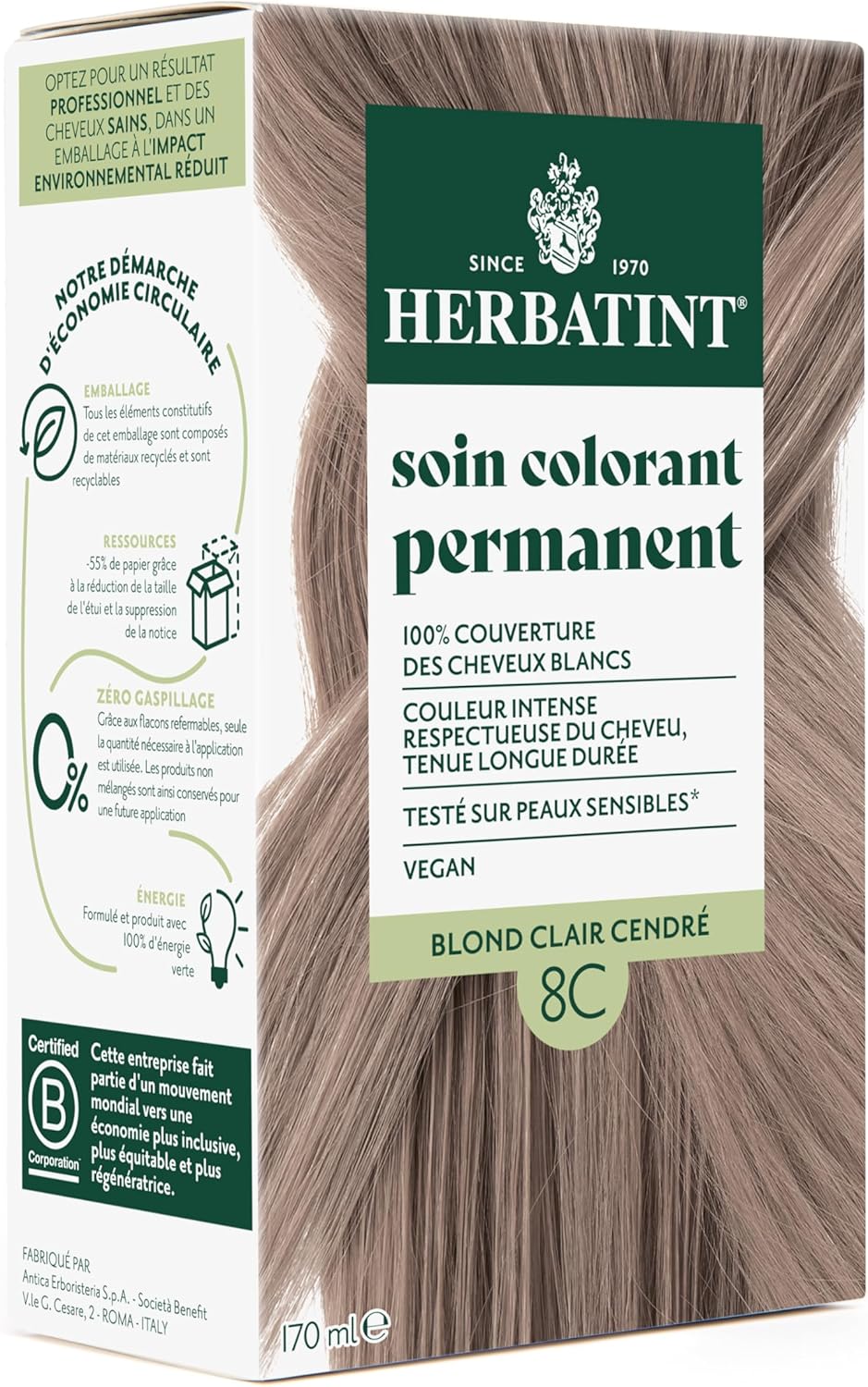 Herbatint - Soin Colorant 8C - 170 ml - sans ammoniaque, couvre 100% des cheveux blancs