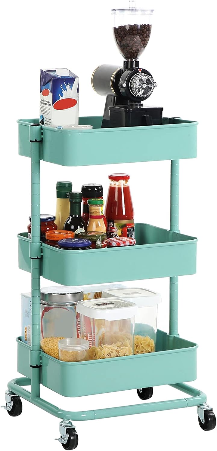 SONGMICS - Chariot 3 niveaux mobile, étagère réglable, 2 freins, montage facile, vert menthe - BSC60M