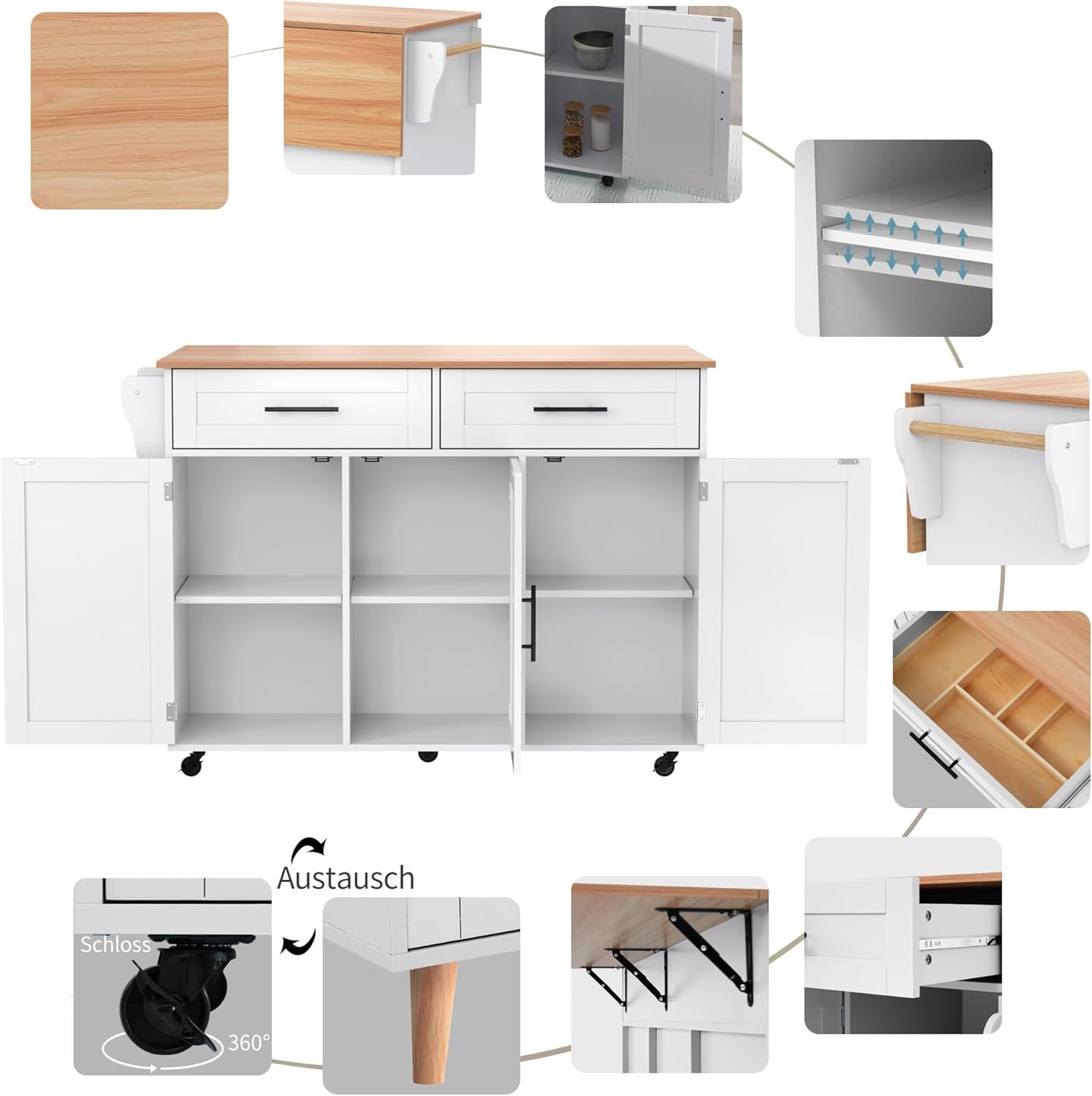 Desserte cuisine îlot - plans rabattables, 2 tiroirs, 3 portes, 129x71x91,5cm