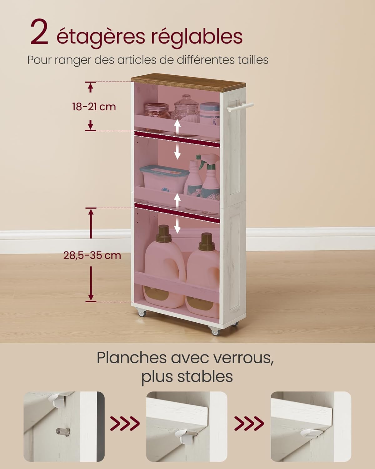 VASAGLE - chariot de rangement 4 niveaux, 15x43,2x86,5 cm, poignée et roulettes, LRC050K01