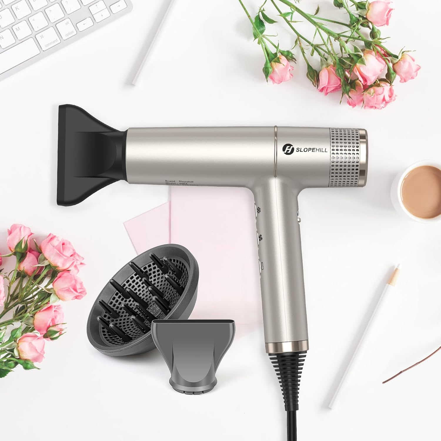 Slopehill - Sèche-cheveux professionnel léger 268g, 2000W, moteur sans balais, micro-filtre, LED, oxy active