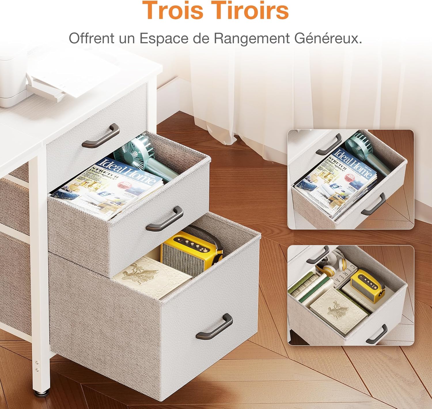 Coleshome - bureau 3 tiroirs tissu, 100x48cm, réversible, porte-casque