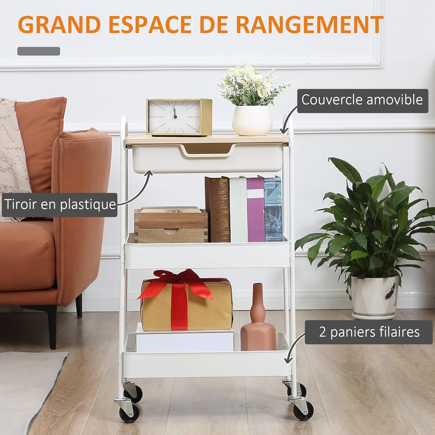 HOMCOM - chariot cuisine 2 étagères, tiroir, bois/acier, 60x40x80 cm