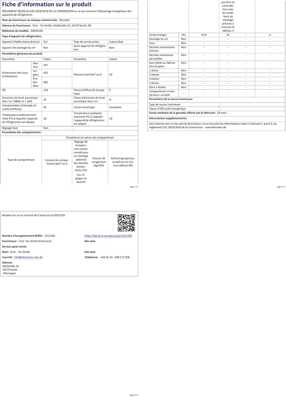 Klarstein - Mini Frigo 42L, silencieux, étagères réglables, 12-18°C