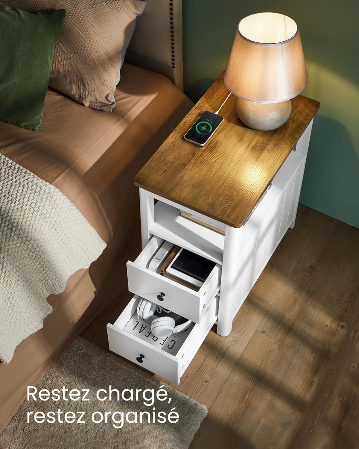 VASAGLE - Table d’appoint série LET - 2 tiroirs, multiprise, rangement compact - LET327W14