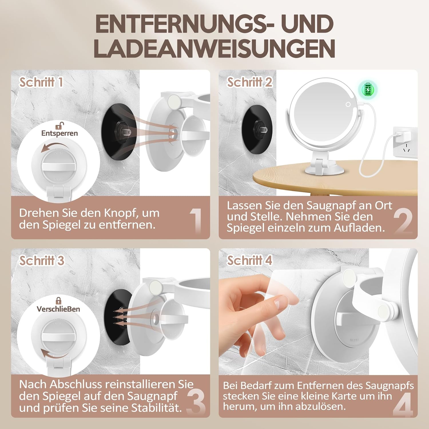 Miroir grossissant double face, ventouse, éclairage 3 modes, 30 compartiments