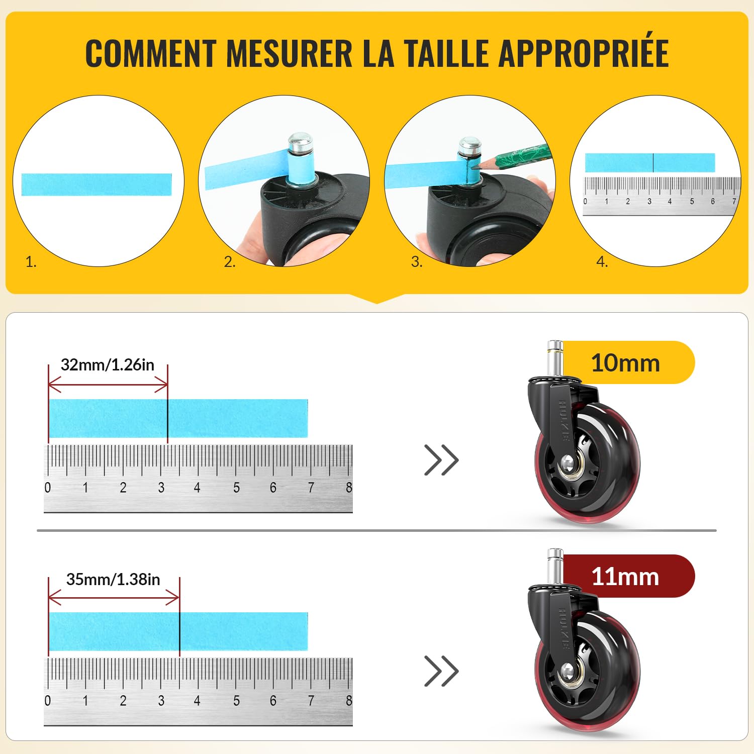 HOLKIE - roulettes chaise bureau - 10x22mm - lot de 5, caoutchouc, rouge, compatible bois/tapis