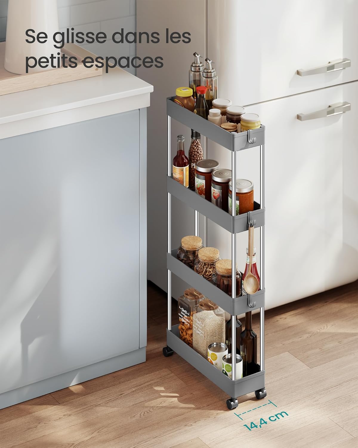 SONGMICS - chariot de cuisine 4 niveaux, acier, 14,4x42x86 cm, 6 crochets KSC008G01