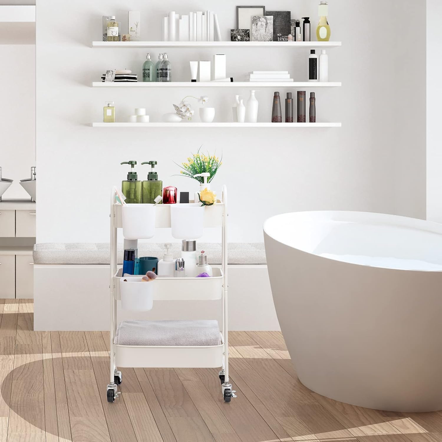 DOEWORKS - Chariot métal 3 niveaux à roulettes, blanc, rangement multiusage