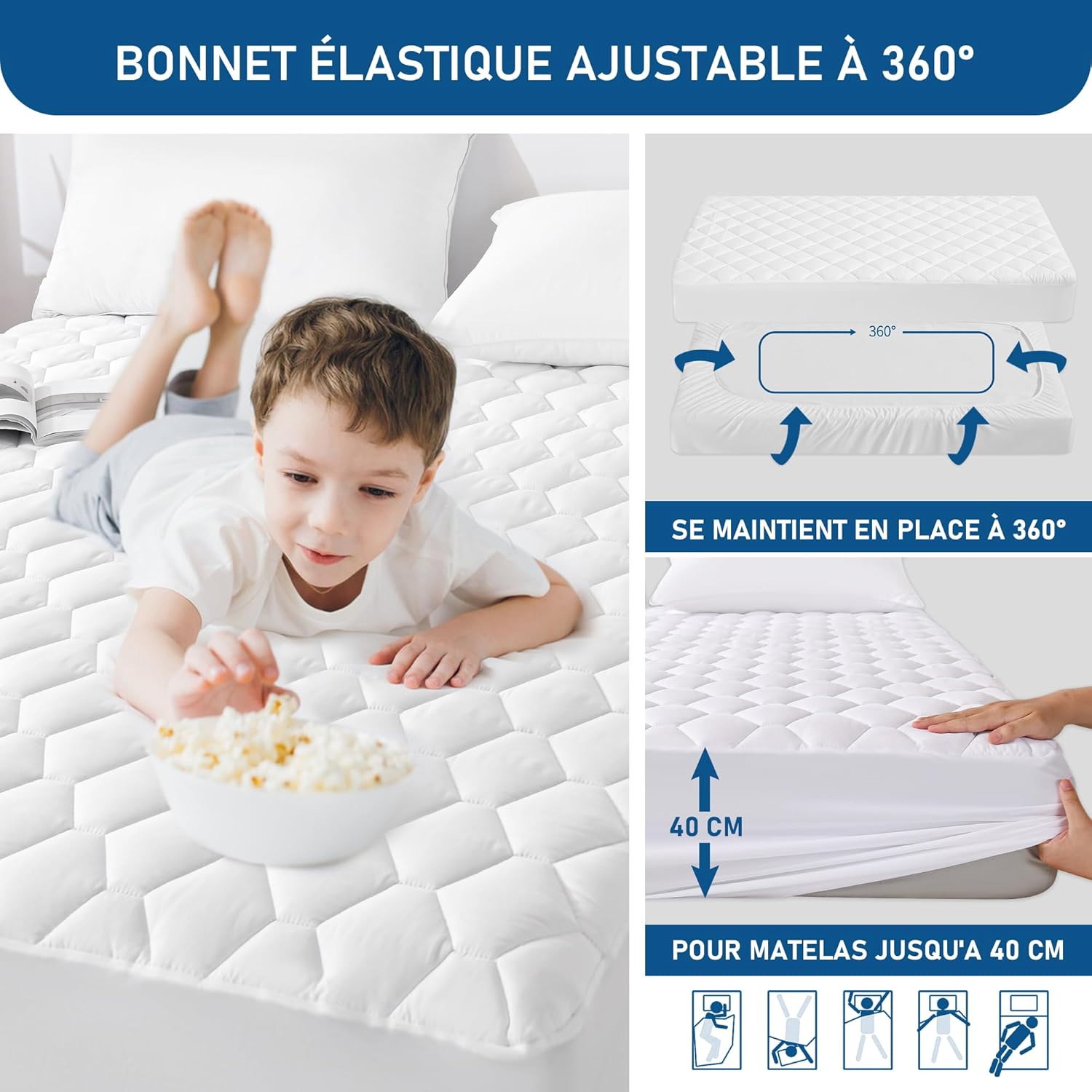 GRT - protège-matelas matelassé 160x200 cm - imperméable, Oeko-TEX, bonnet 40 cm