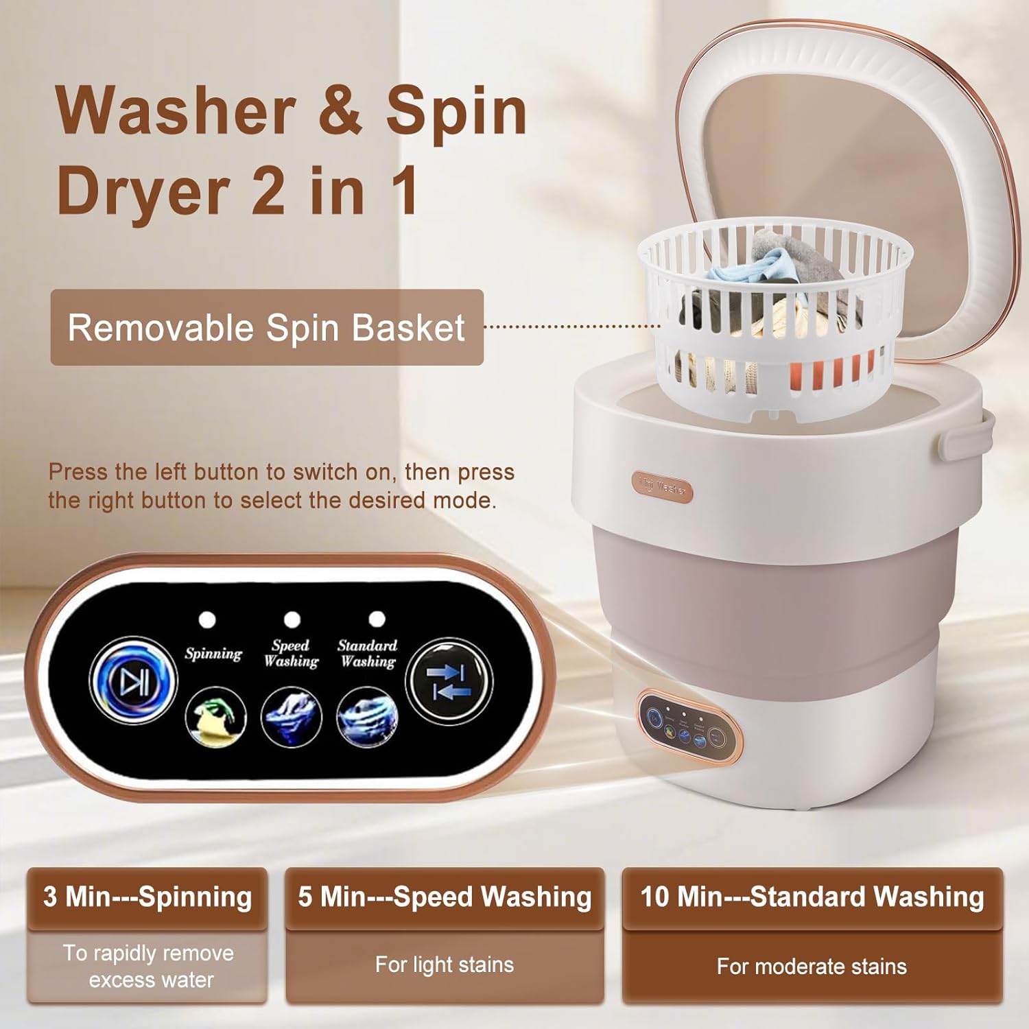 Mini machine à laver - 15L - pliable, essorage rapide, compacte