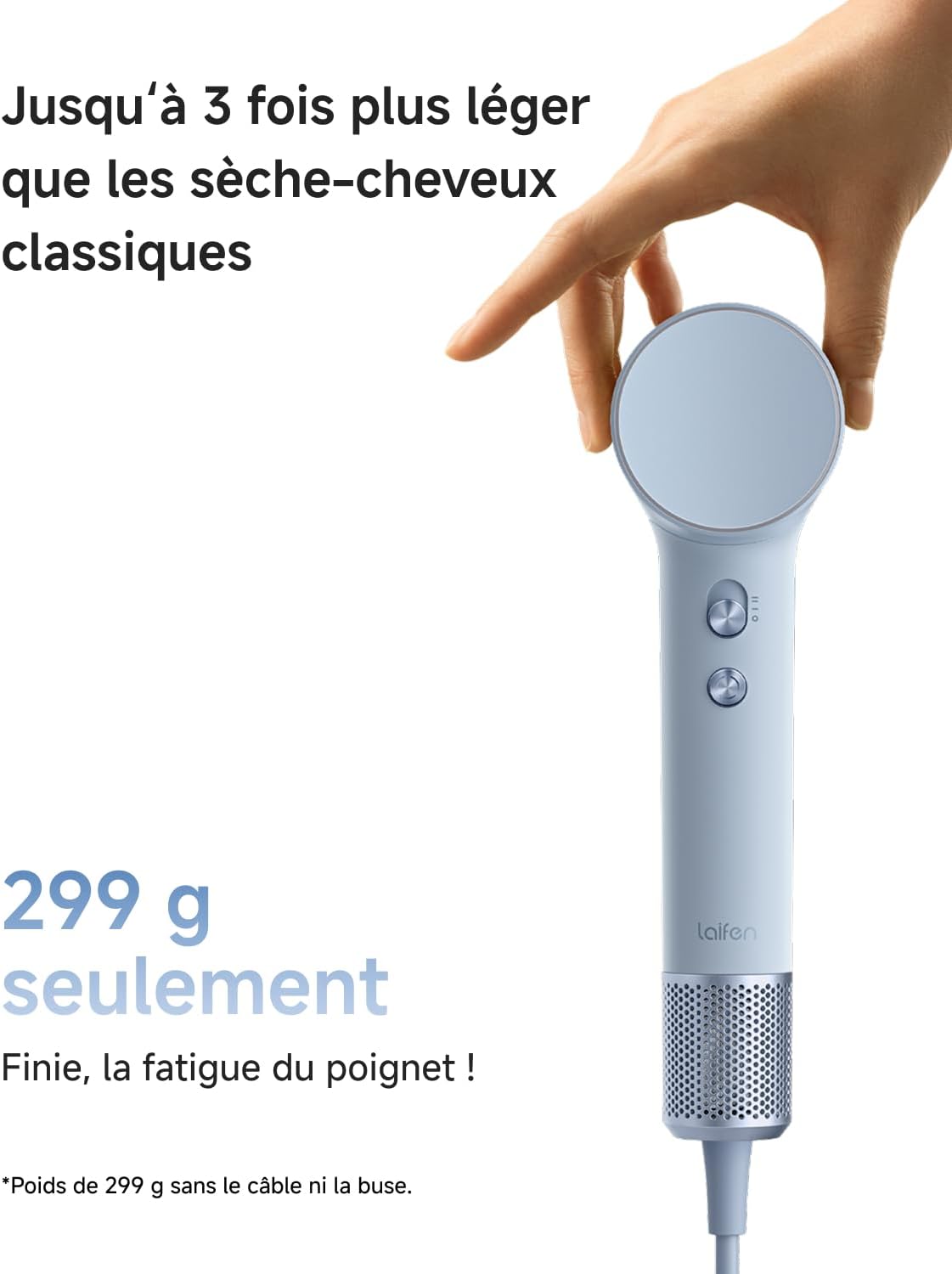 Laifen - Mini Sèche-cheveux bleu - 299g - ions négatifs, moteur brushless, séchage rapide, buse magnétique