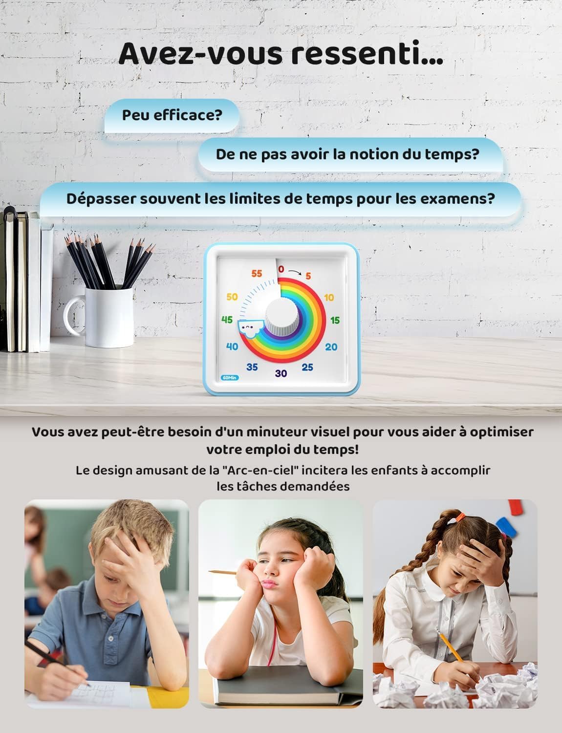 LIORQUE - minuteur visuel enfant - 60 min - silencieux, gestion du temps
