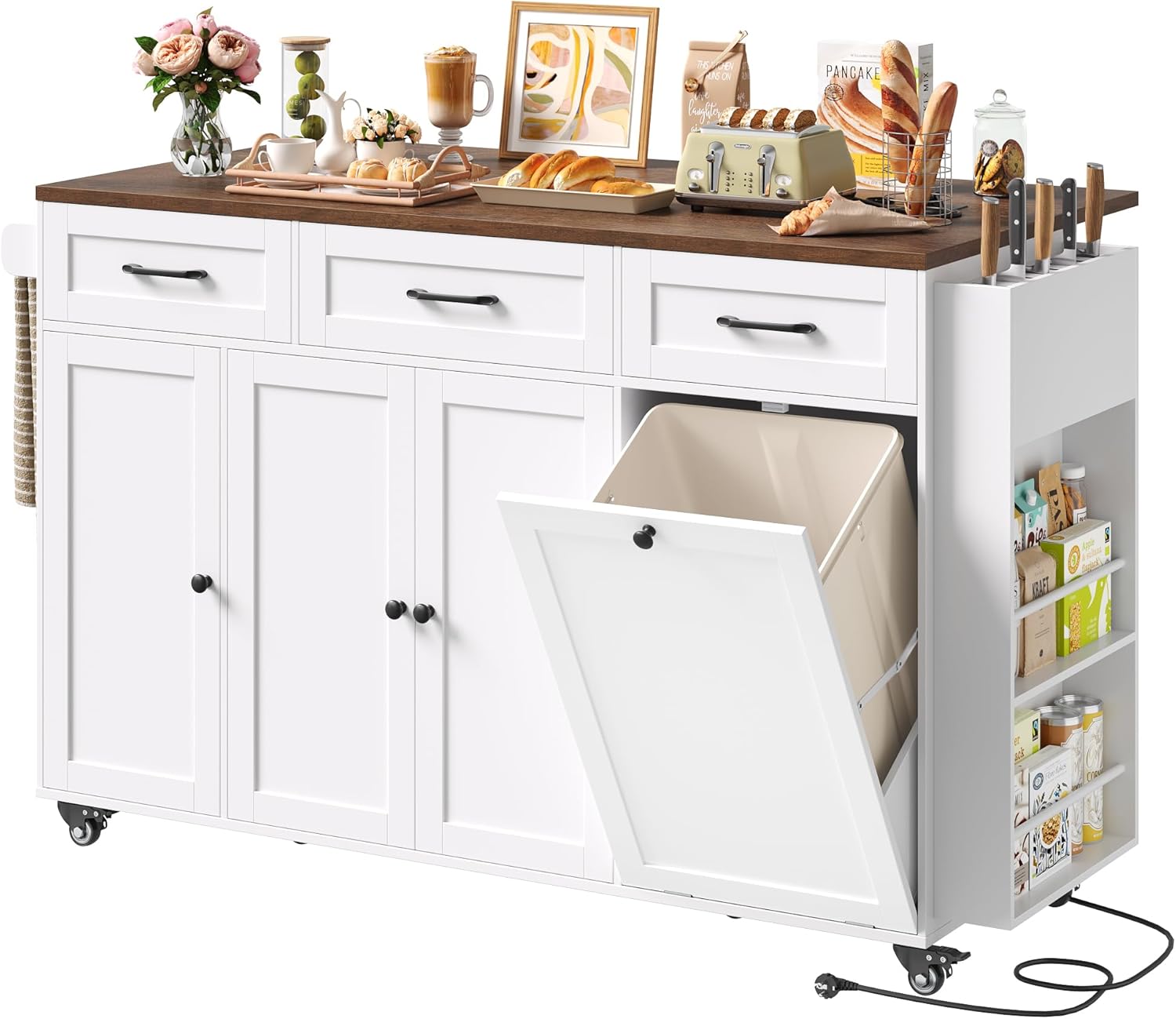 FirFurd - îlot cuisine rangement pliable, USB, blanc, 135x60x88cm