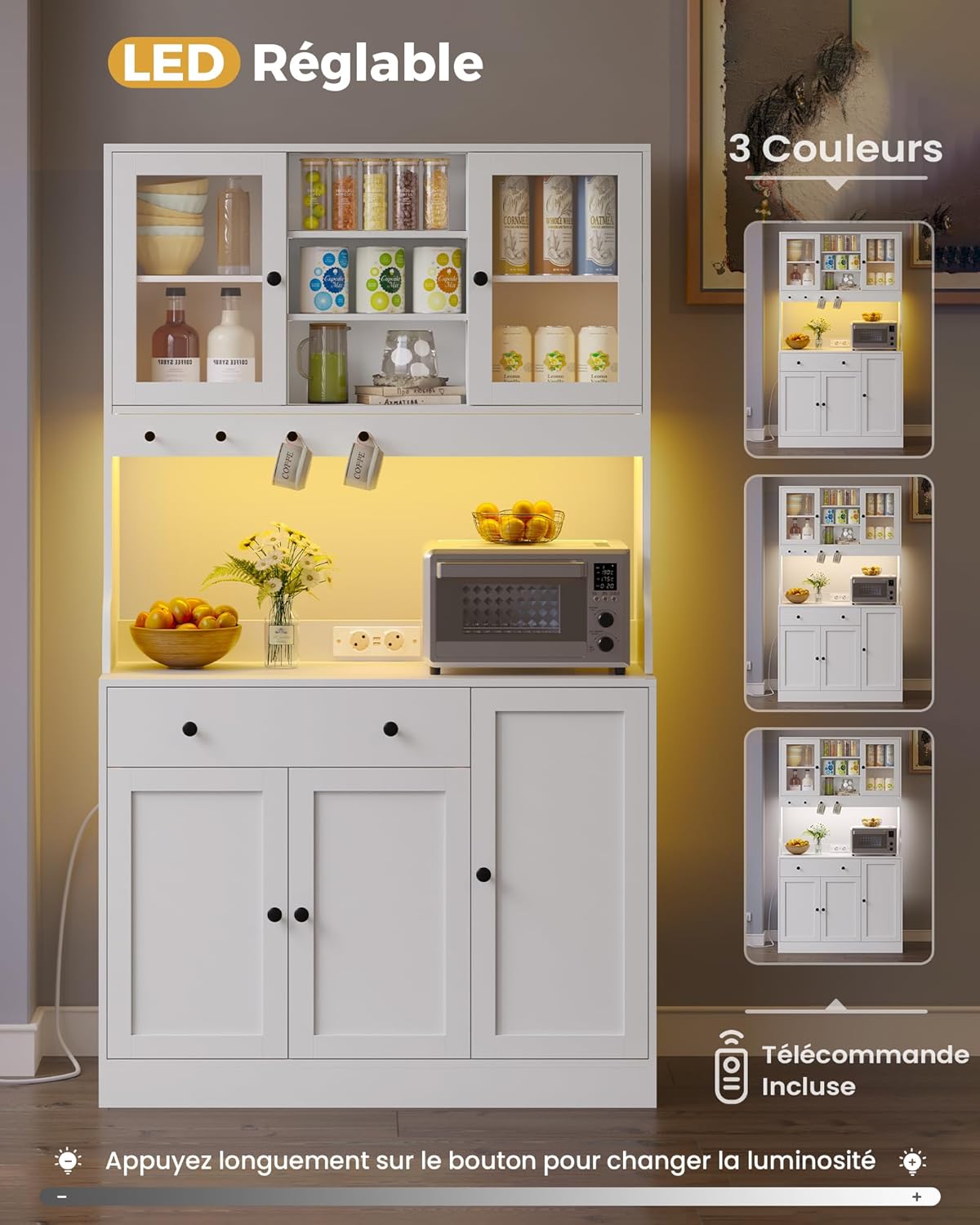 Meuble buffet cuisine - plan de travail LED, multiprise, 103,5x40x180 cm, 4 compartiments, tiroir modulable