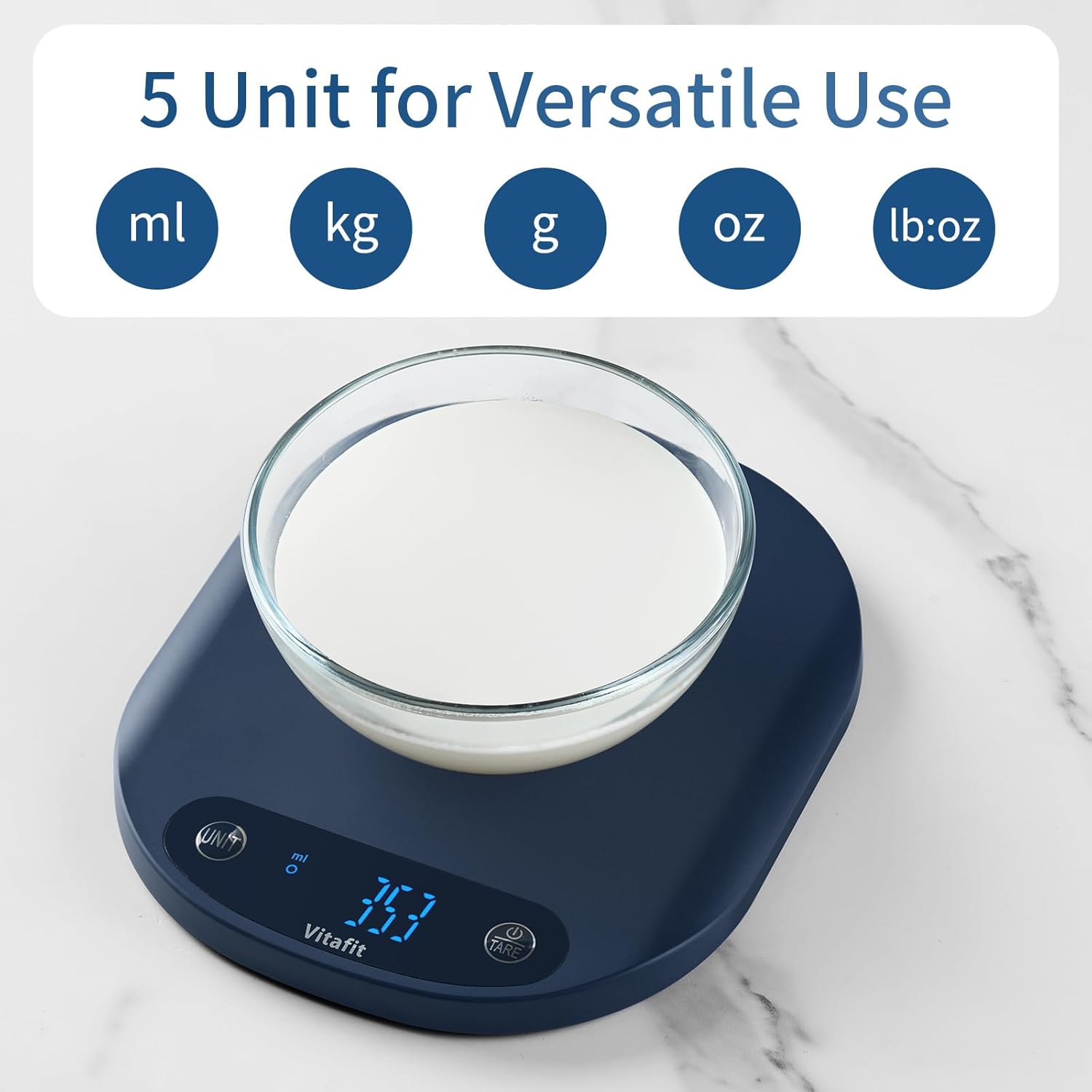 Vitafit - Balance de cuisine 15kg - acier inox, tare, 3 AAA, bleu