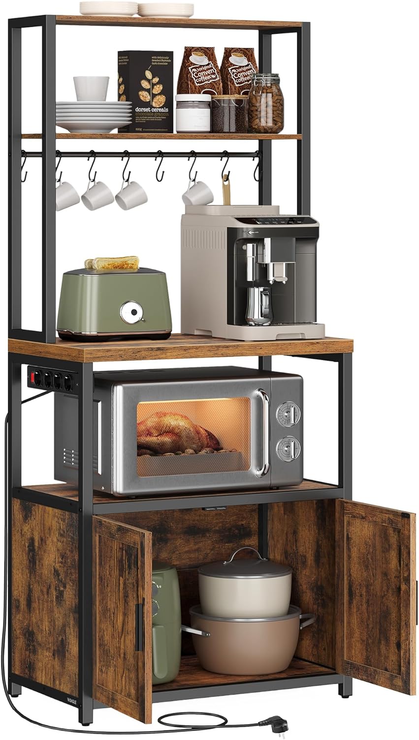 VASAGLE - étagère cuisine série KKS - 40x60x170 cm - avec multiprise, 8 crochets, plan 90 cm, marron/noir KKS058K02