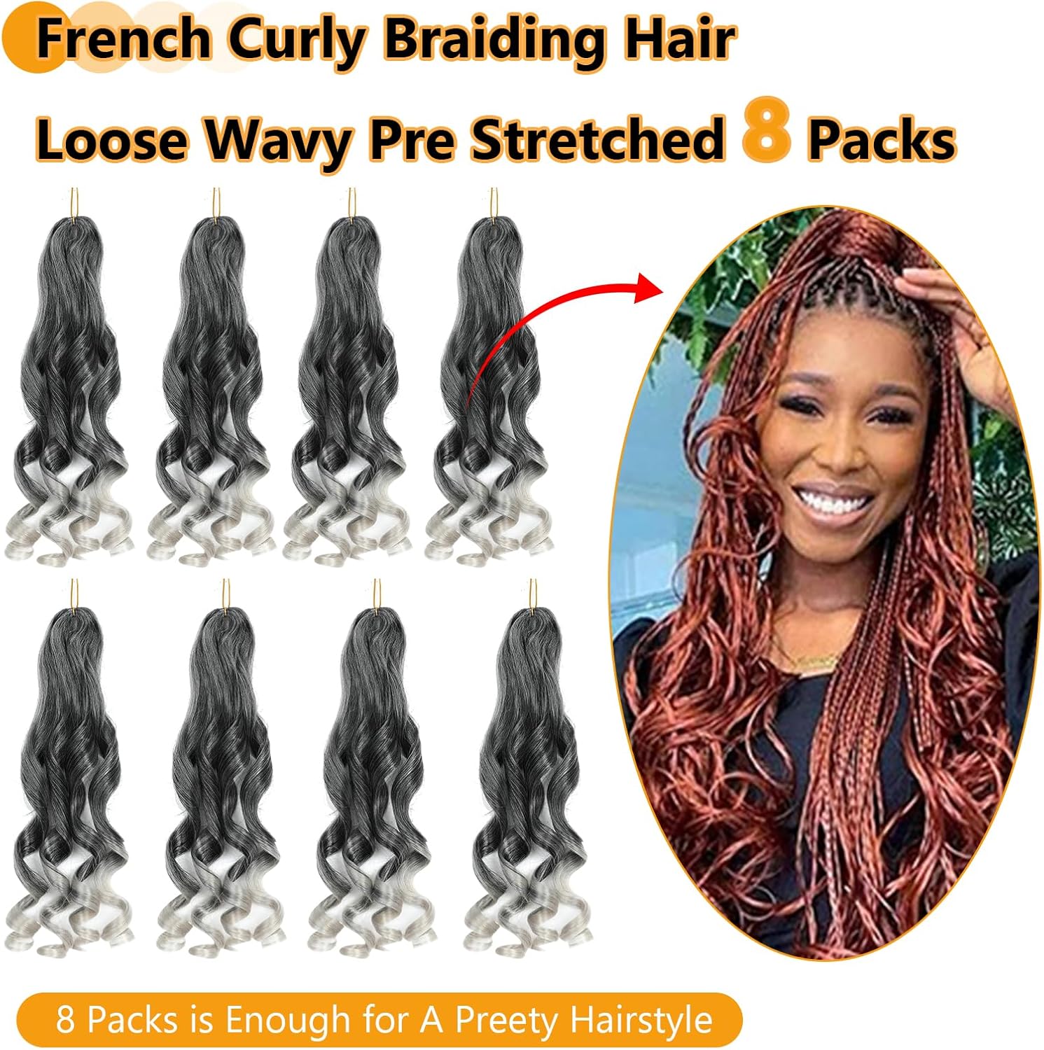 French Curl Braids - Tresses 56cm - 8 paquets, boucles 1B/Silver