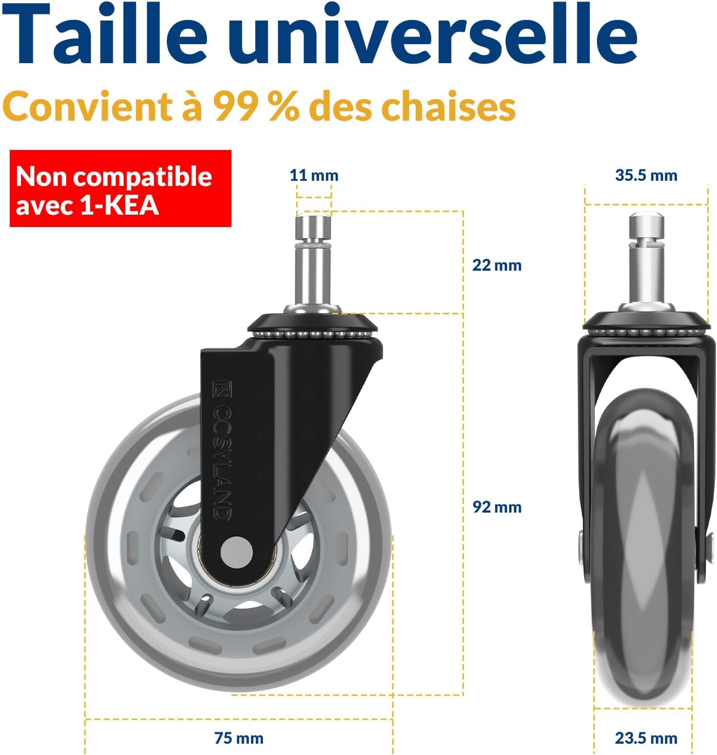 COSYLAND - roulette chaise bureau - 11x22mm - 300kg, 360° fluide, 7.5cm, argenté