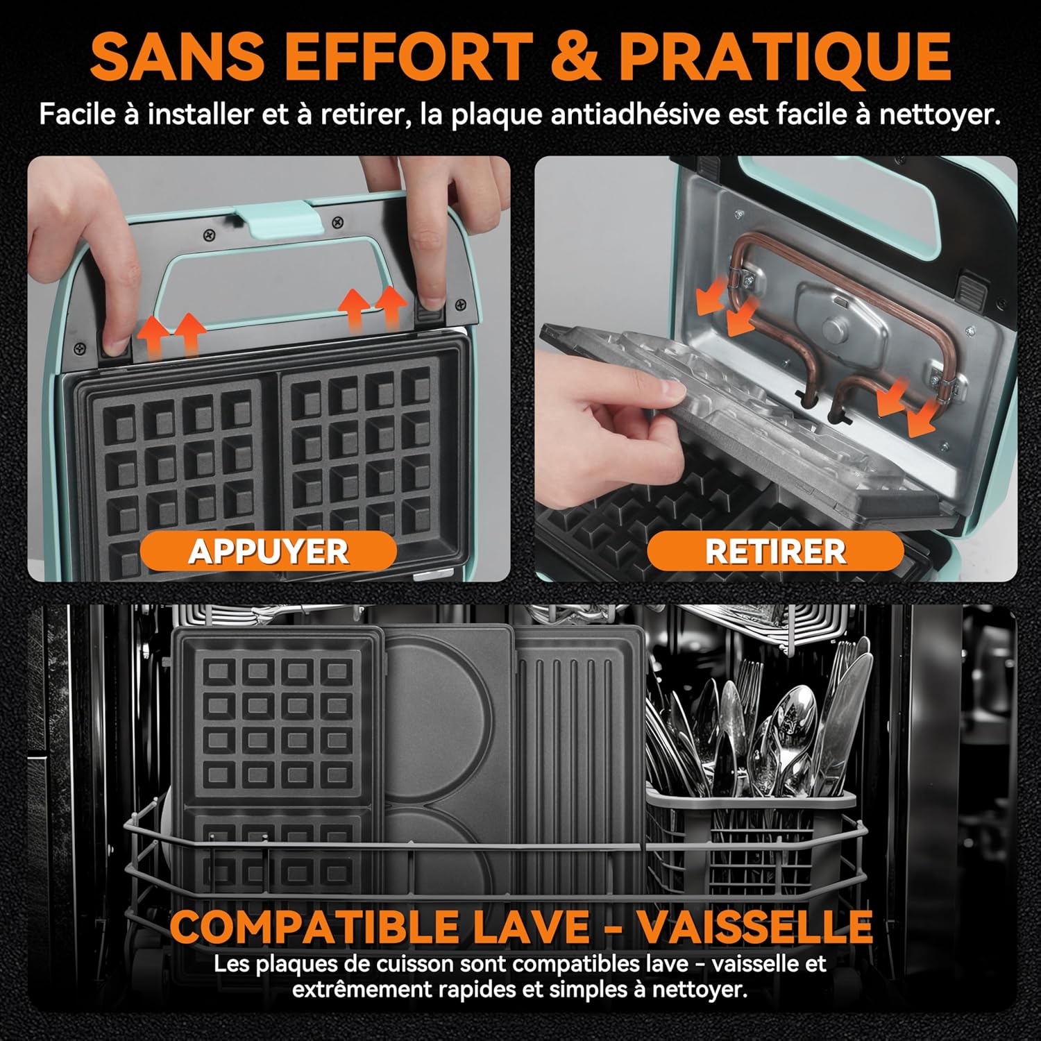 Baker's Friend - gaufrier 3 en 1, plaques amovibles, inox, aqua, antiadhésif