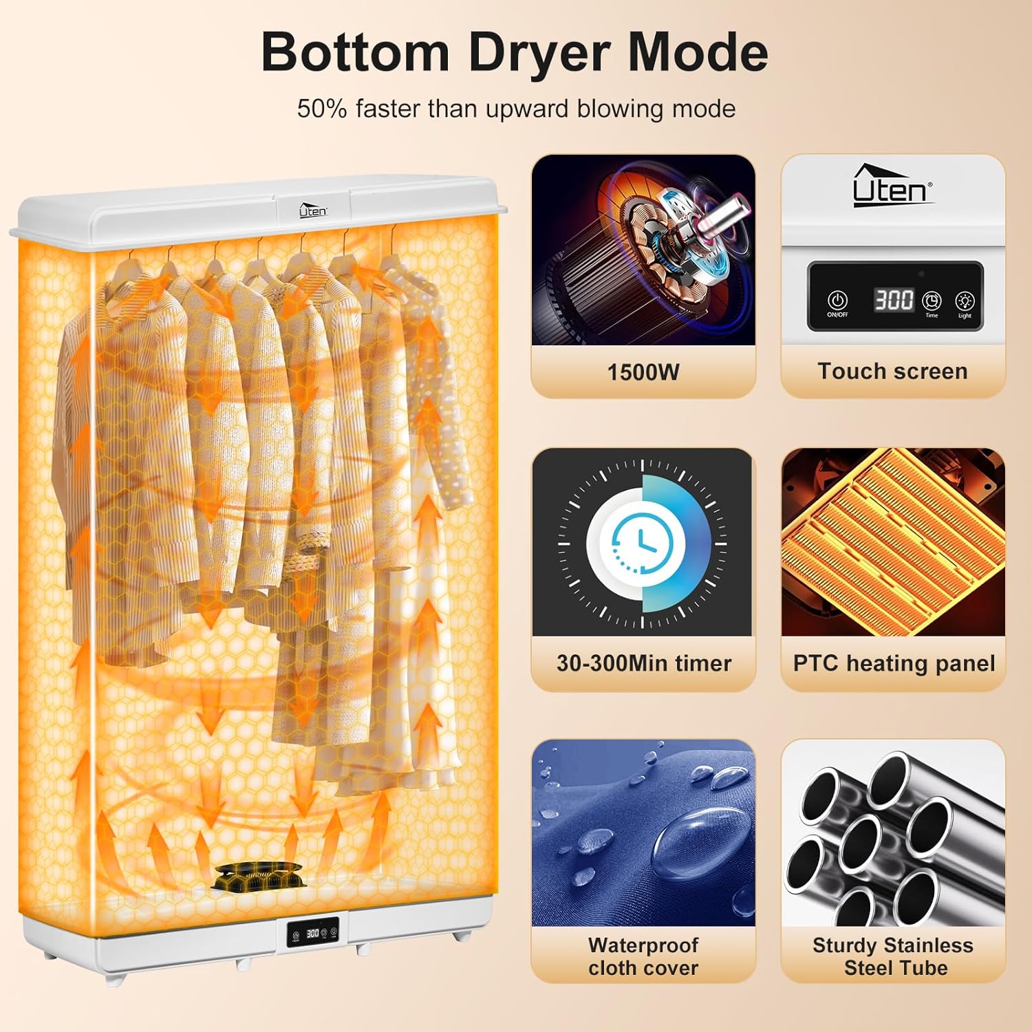 Sèche-linge électrique portable 1500W, amovible, minuterie, compact