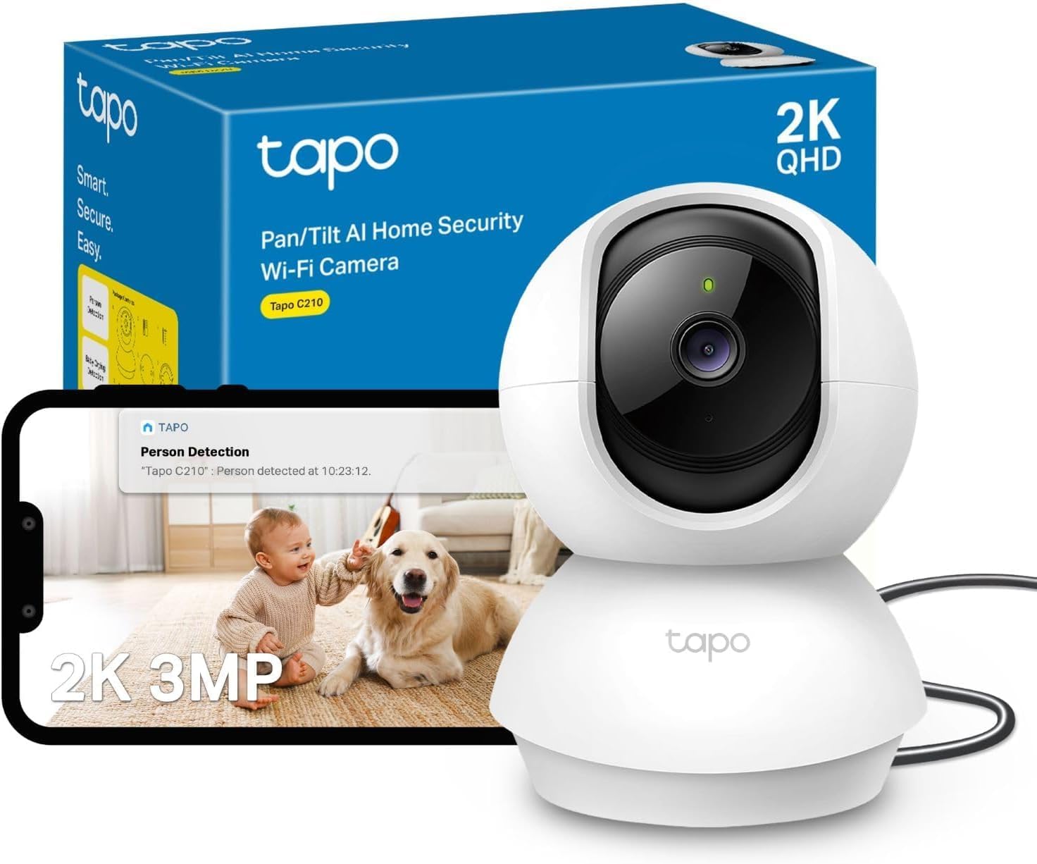 TP-Link - Tapo C210 - caméra WiFi 2K 3MP, rotation 360°, audio bidirectionnel, vision nocturne, détection personne, C210