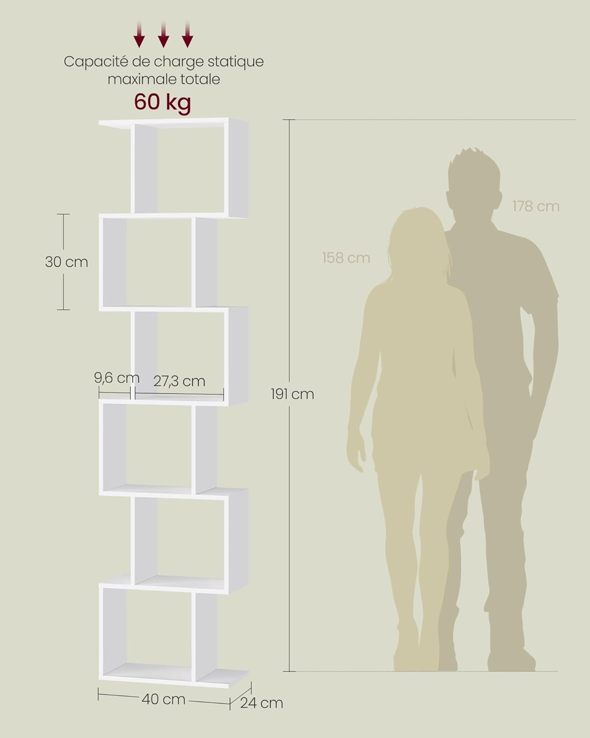 VASAGLE - bibliothèque 6 niveaux - 24x40x191 cm - rangement, blanc, LBC461W01
