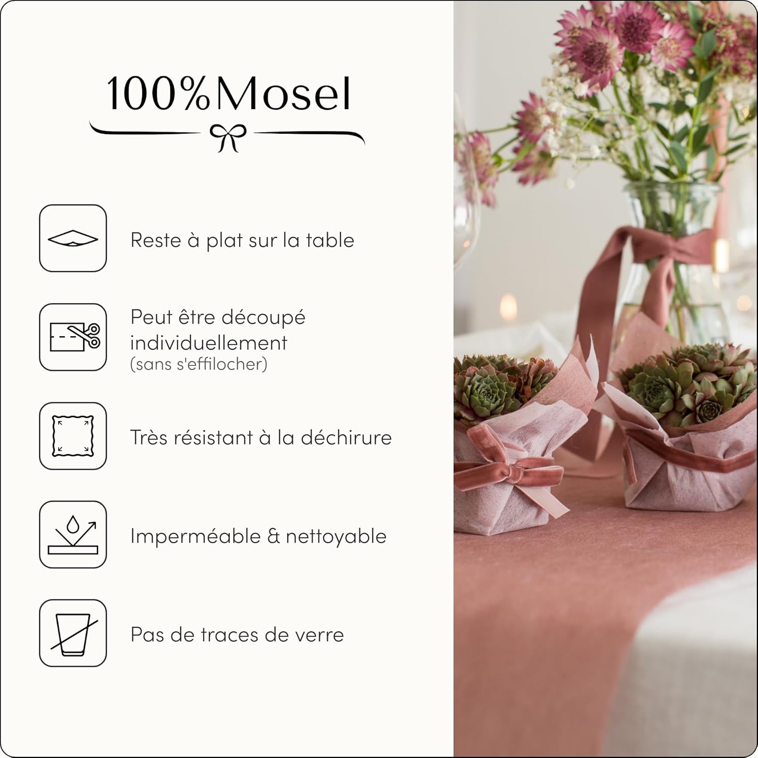 100%Mosel - Chemin de table non-tissé - 30x2500 cm - vieux rose décoratif
