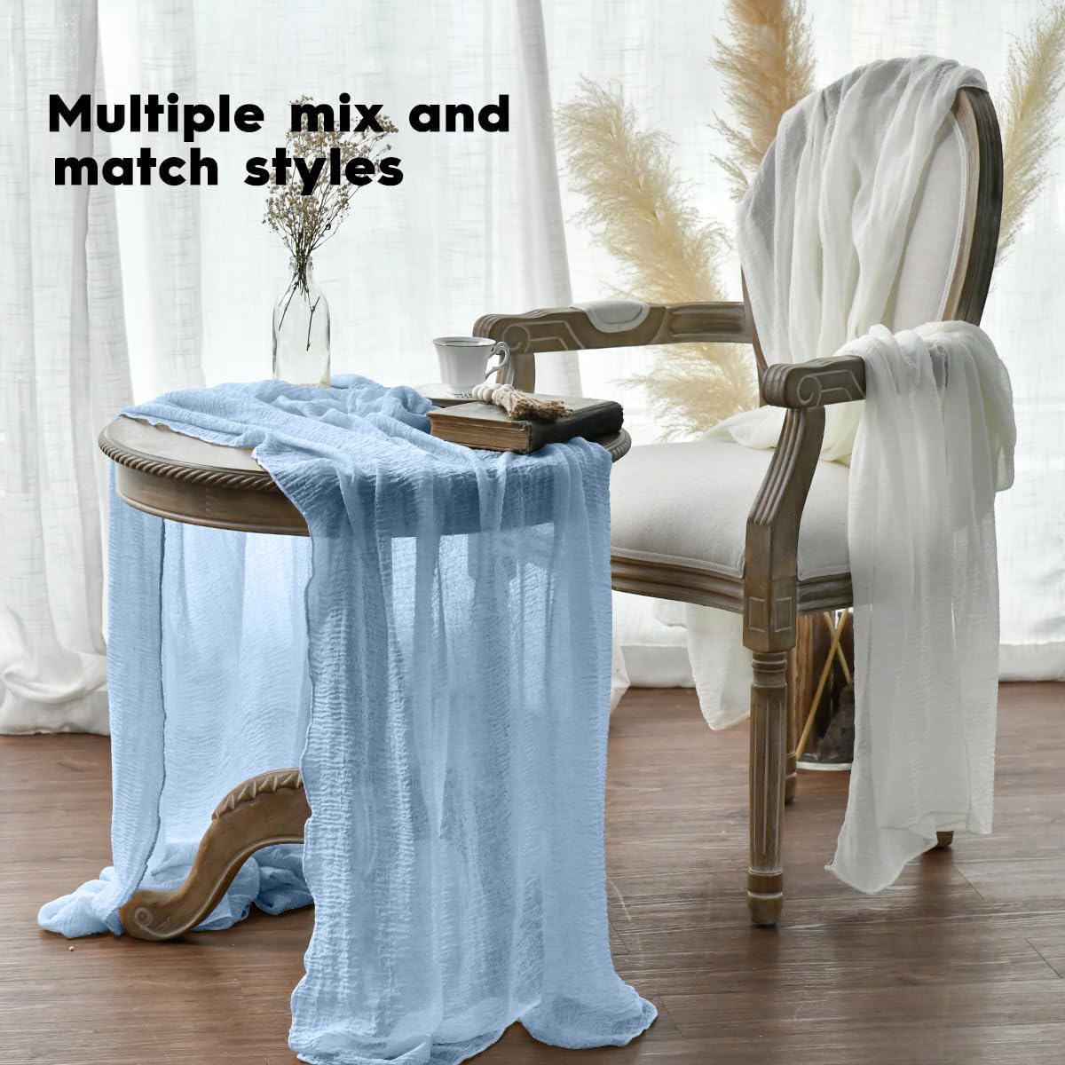 Artoid Mode - Chemin de table bohème gaze bleu glacier 300 cm - décoration mariage et fêtes