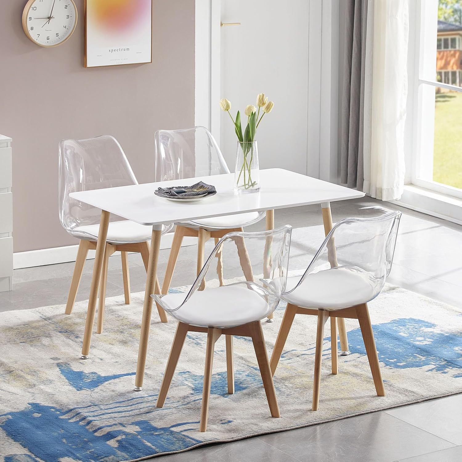 EGGREE - Lot de 4 chaises scandinaves bois hêtre, coussins cuir blanc, dossier transparent, testées SGS