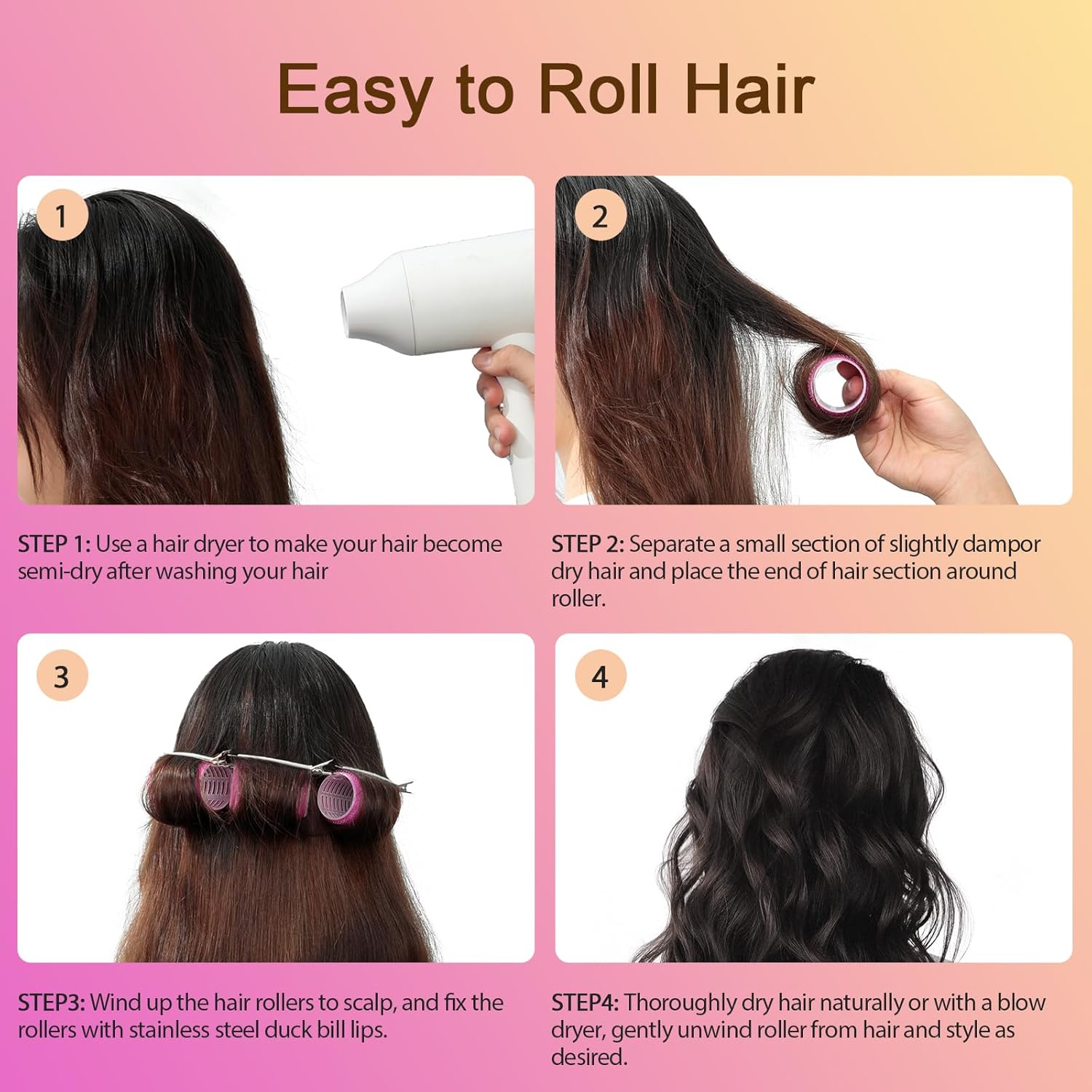 Romon - Ensemble de bigoudis multi-tailles - 40/30/20mm - 31 rouleaux auto-adhésifs, sans chaleur, 12 pinces et 1 peigne