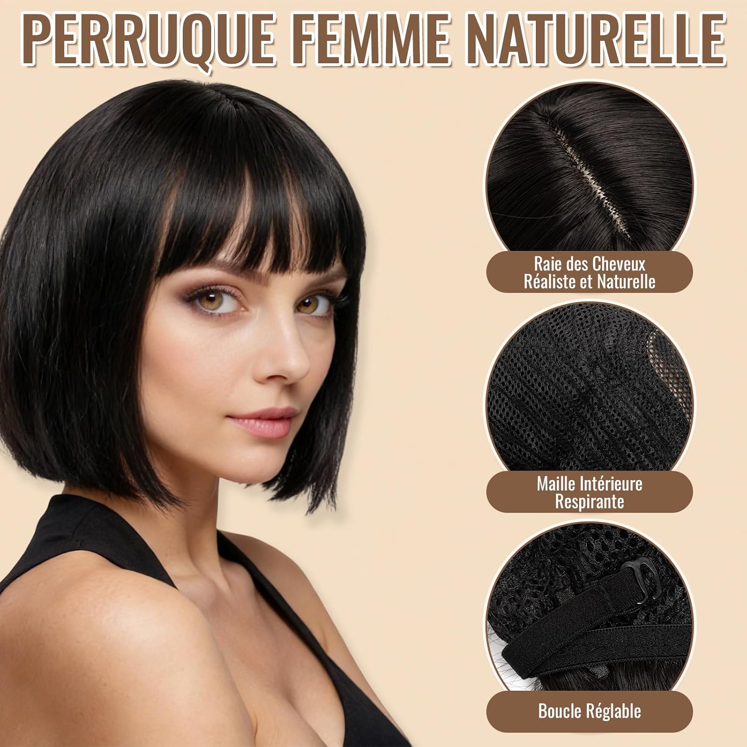 Perruque carré noir femme - 12 pouces - cheveux humains naturels