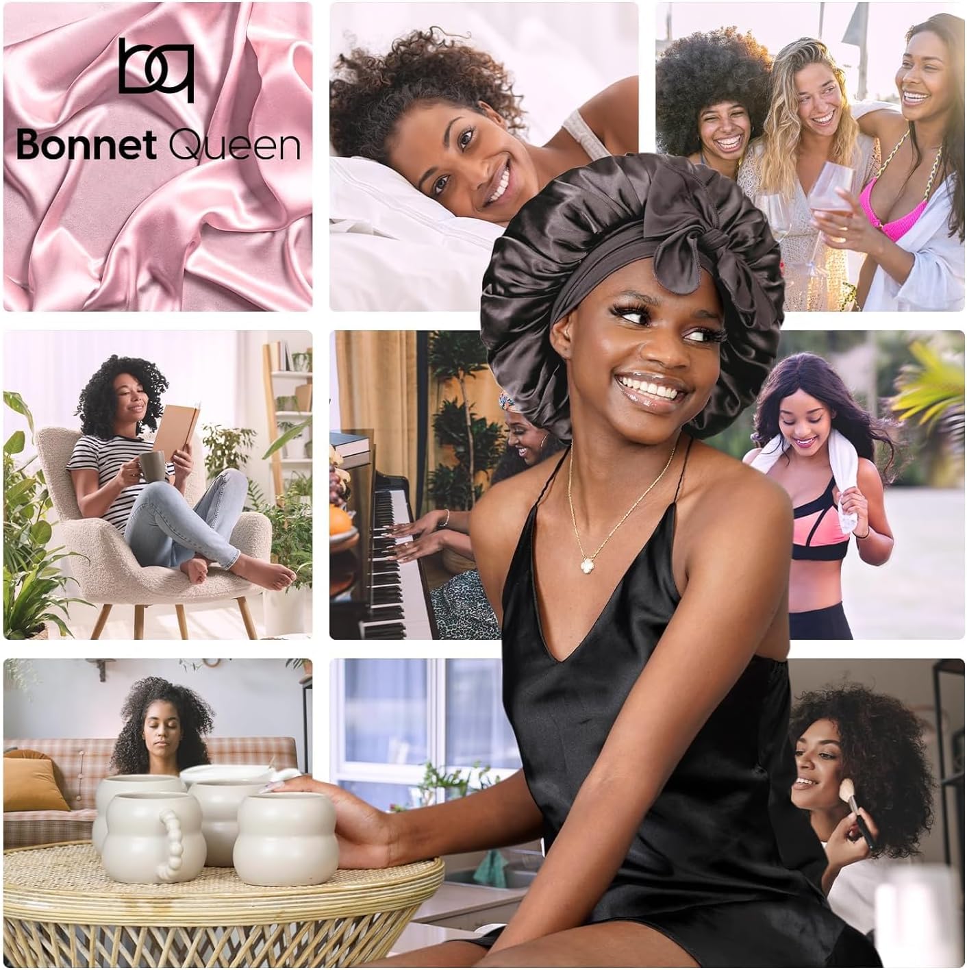 BONNET QUEEN - bonnet satin ajustable moyen - élastique long cheveux