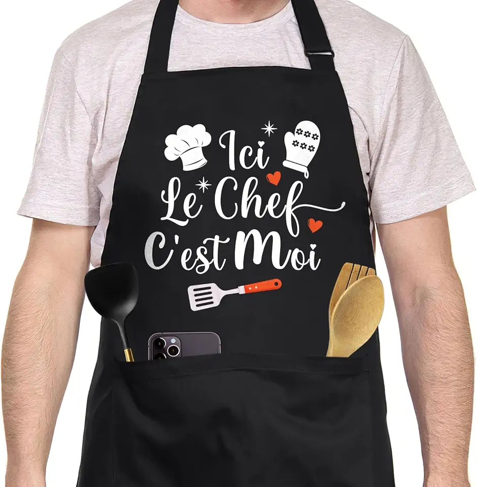 Tablier de cuisine homme personnalisé, coton noir, réglable, humour, cadeau fête