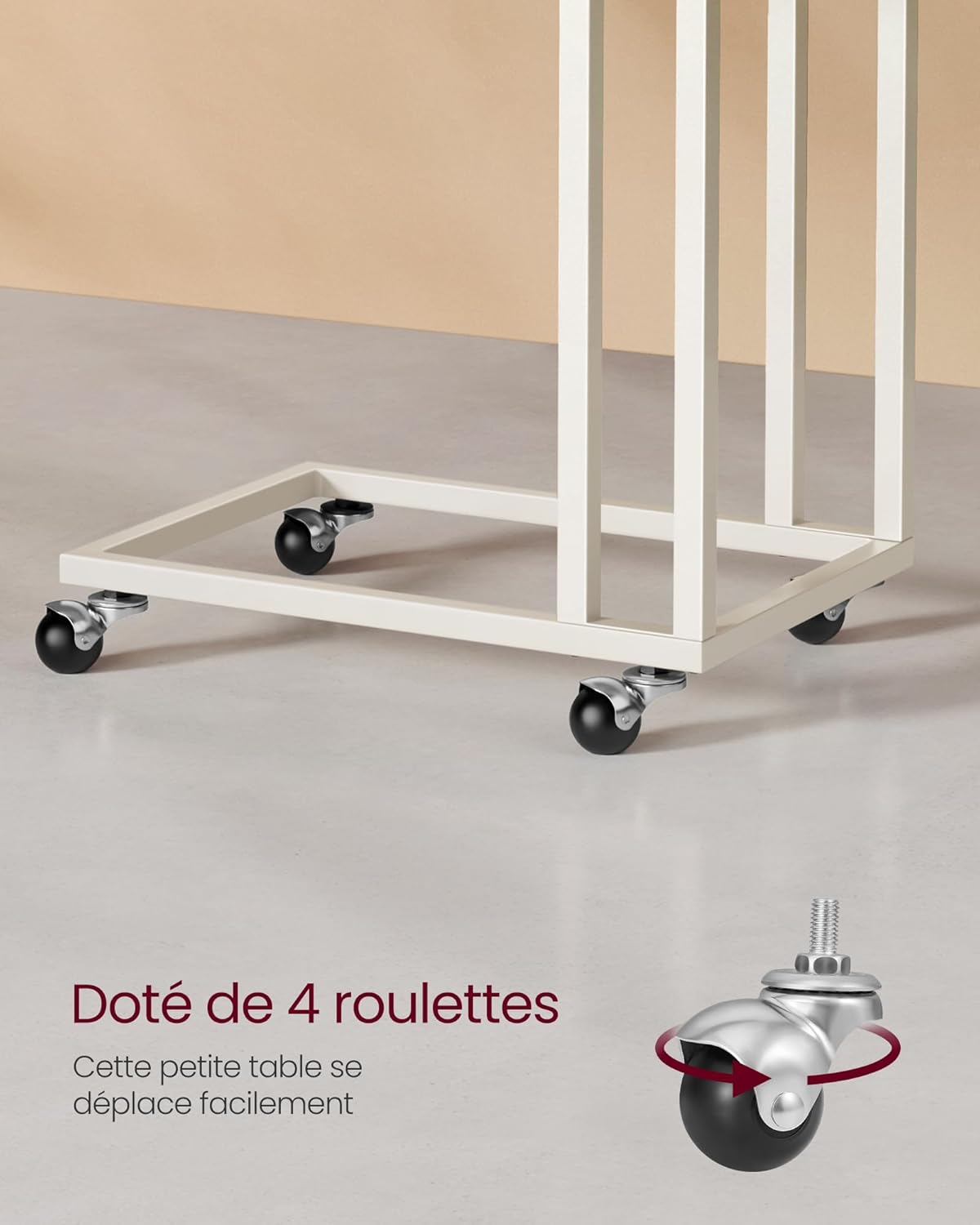 VASAGLE - Table d’appoint moderne, acier, roulettes, montage facile, 50x35x65 cm, LNT050W77