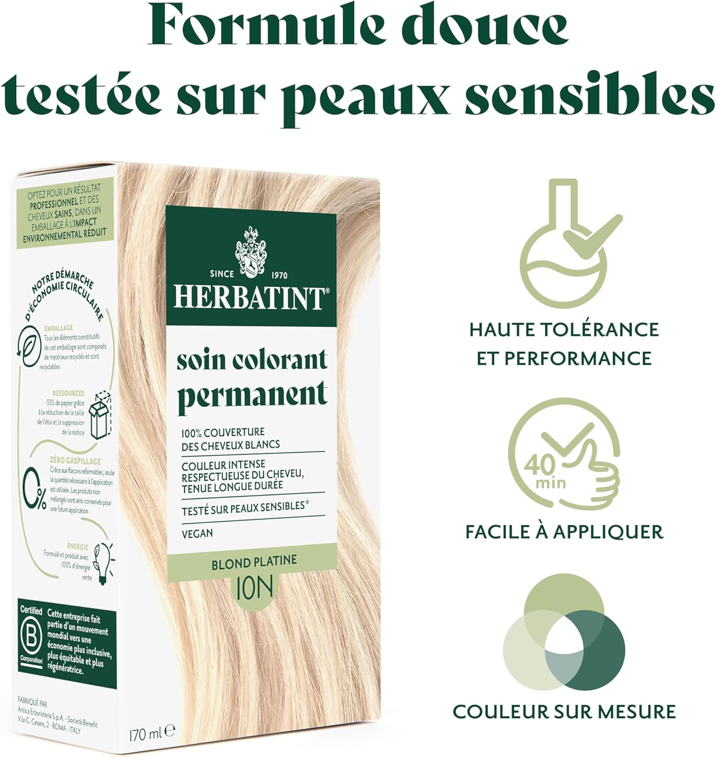 Herbatint - coloration permanente 10N - 170ml - sans ammoniaque, 100% couvrant, 8 extraits bio