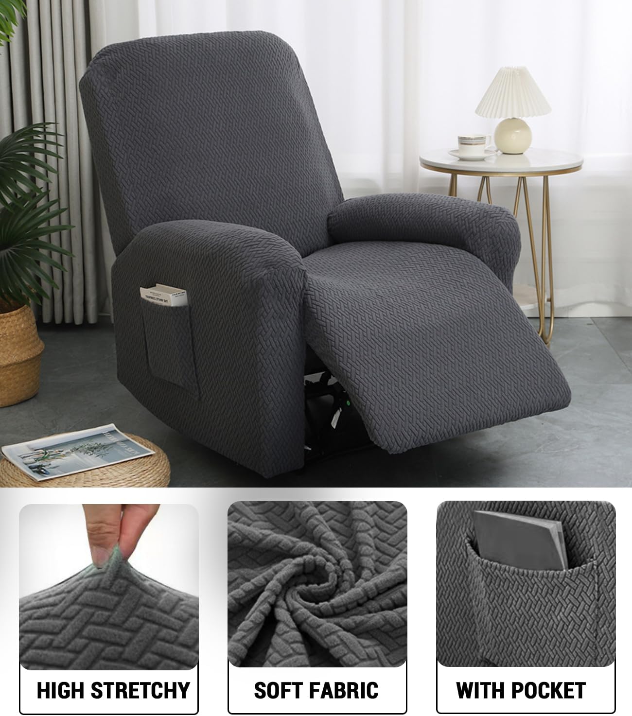 Housse de Fauteuil Relax - jacquard gris clair - extensible 4 pièces avec poches
