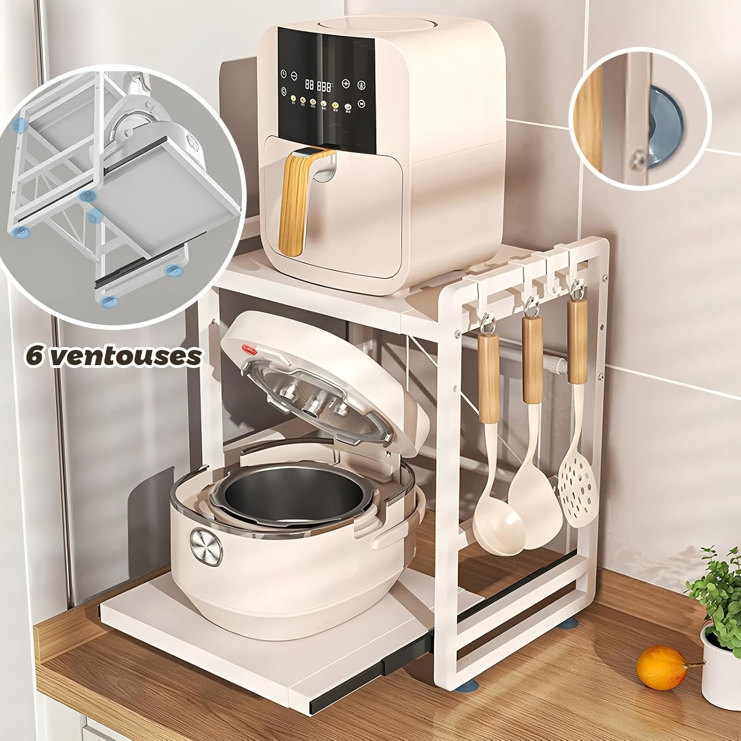 Étagère de cuisine 2 étages - réglable, extensible, tiroir - acier blanc