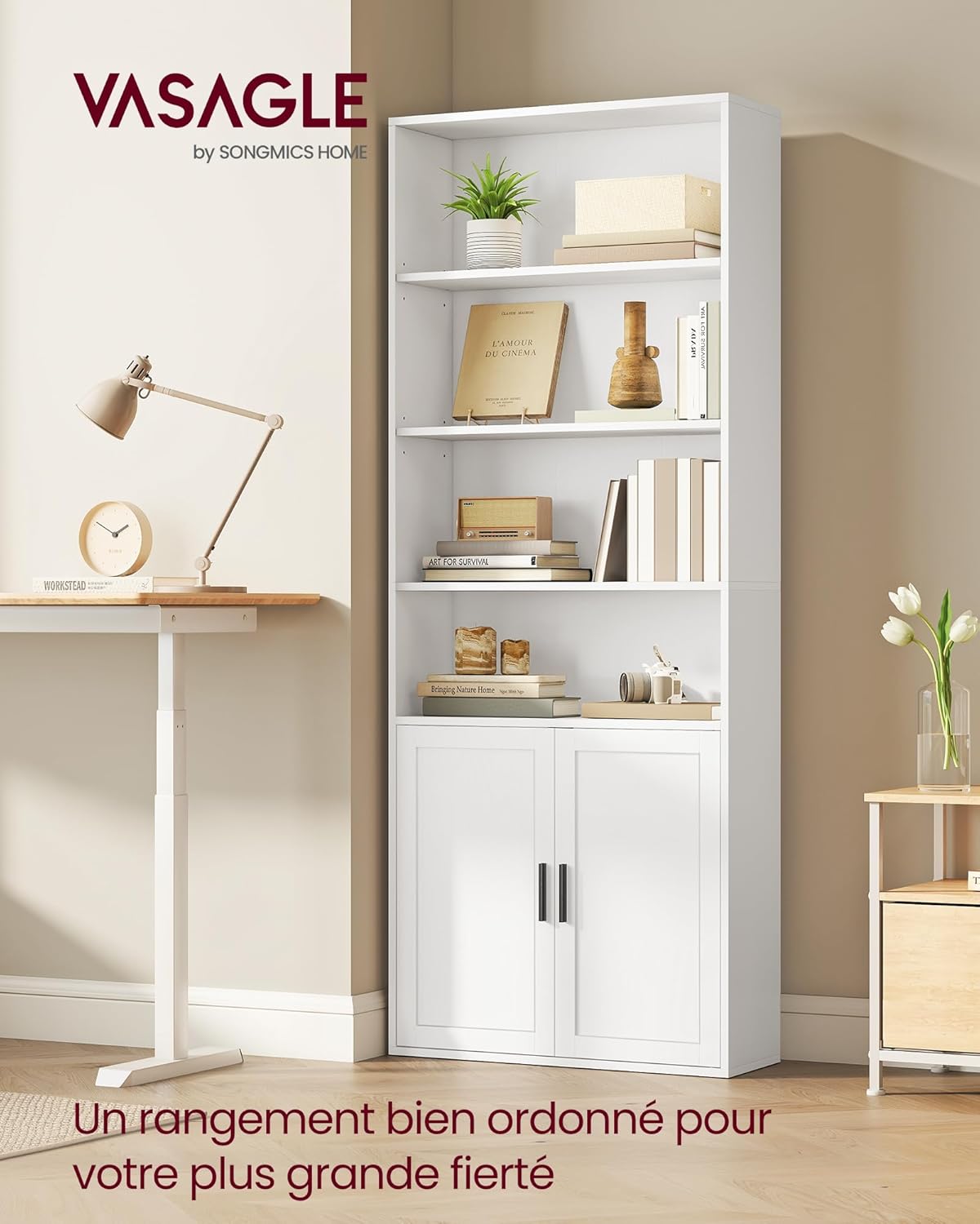 VASAGLE - Custos Collection bibliothèque étagère 24x60x175cm, 6 niveaux, portes, blanc nuage LBC402W01