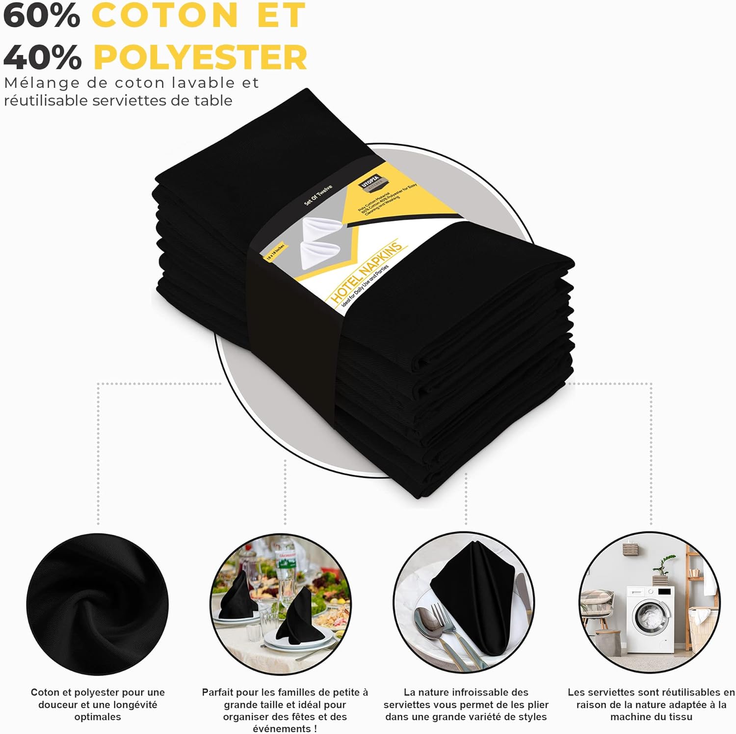 Utopia - serviettes de table coton réutilisables 46x46 cm, lot de 12