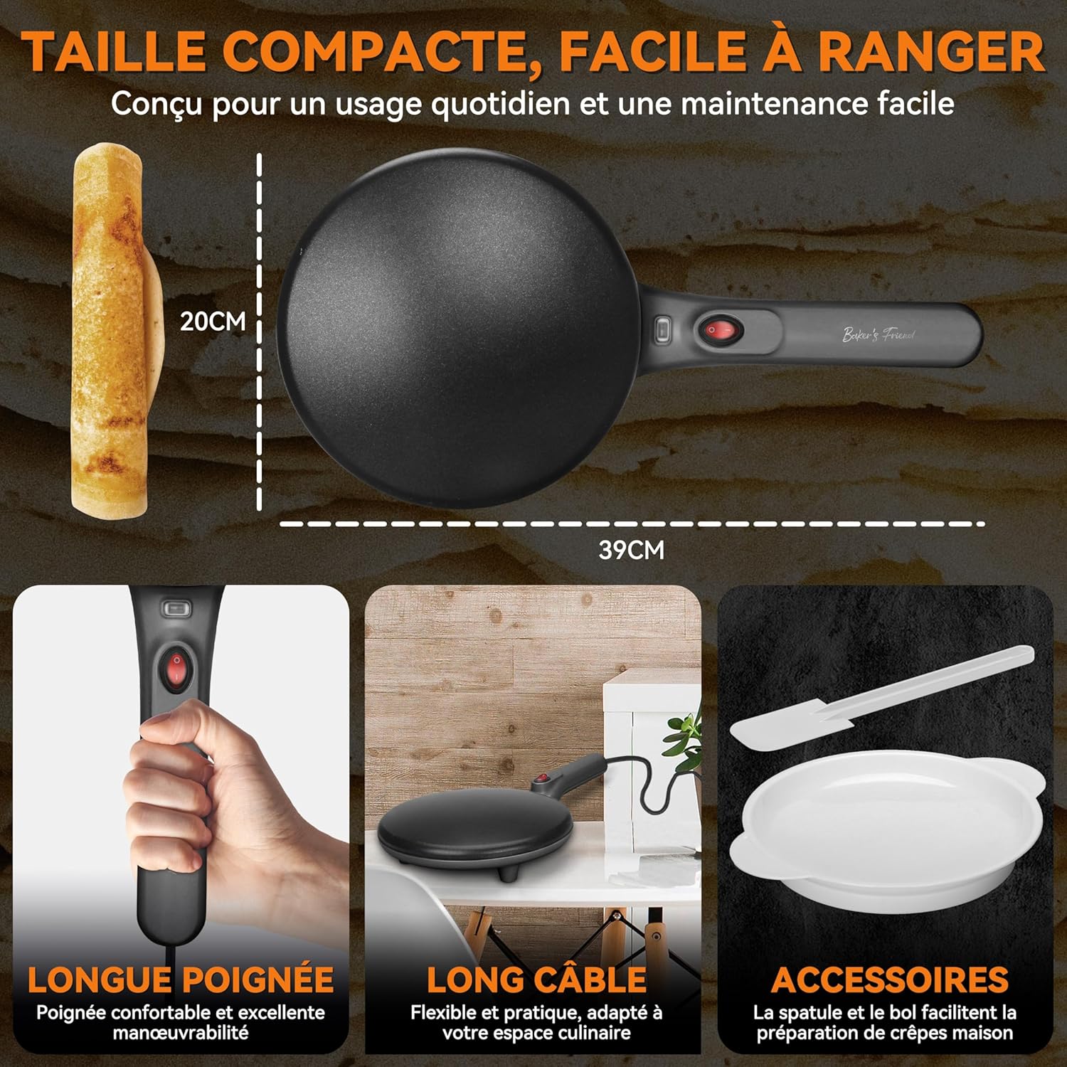 Baker's Friend - Crêpière Instantanée - 20cm - antiadhésive, poignée cool-touch, température auto