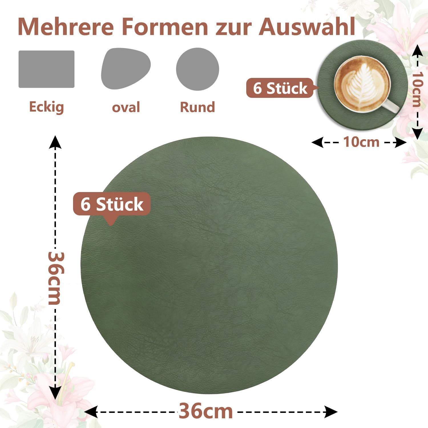 Set de table - lot de 6, cuir PU, 36x36cm, lavable, antidérapant