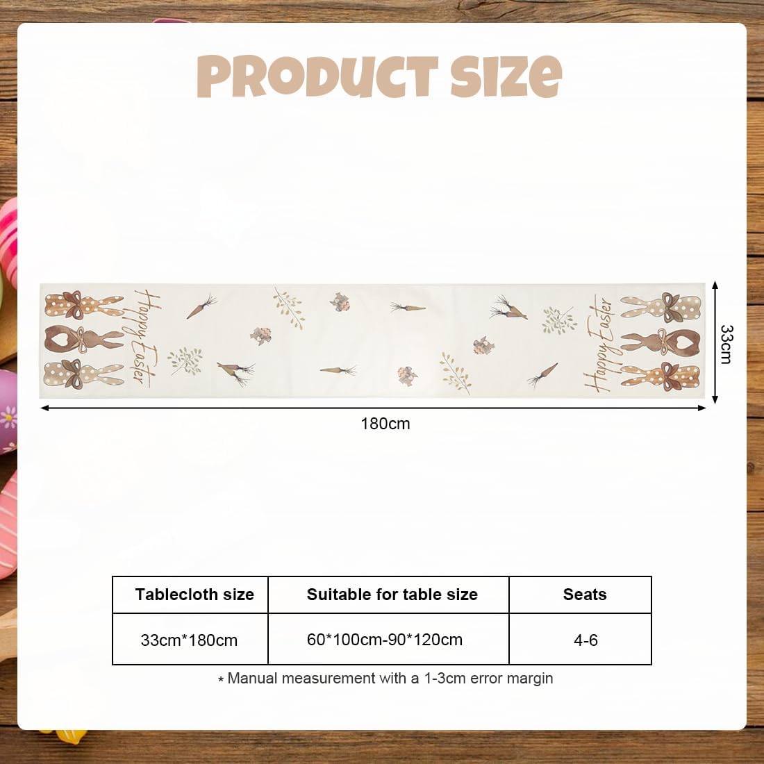 Chemin de table Pâques - motif lapin, 33x180 cm, lavable, déco salon