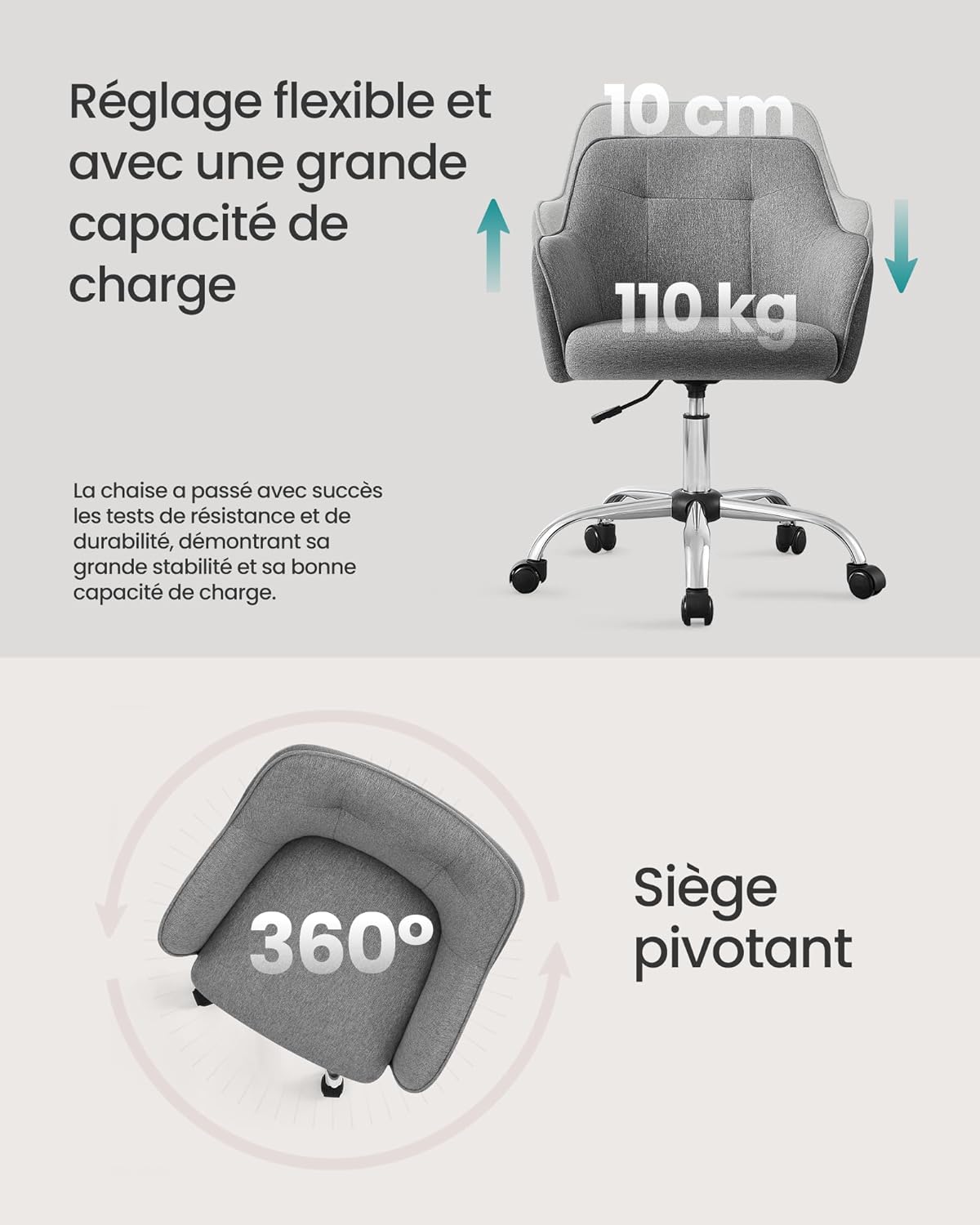 SONGMICS - fauteuil ergonomique - acier, hauteur réglable, 110kg - OBG019G01